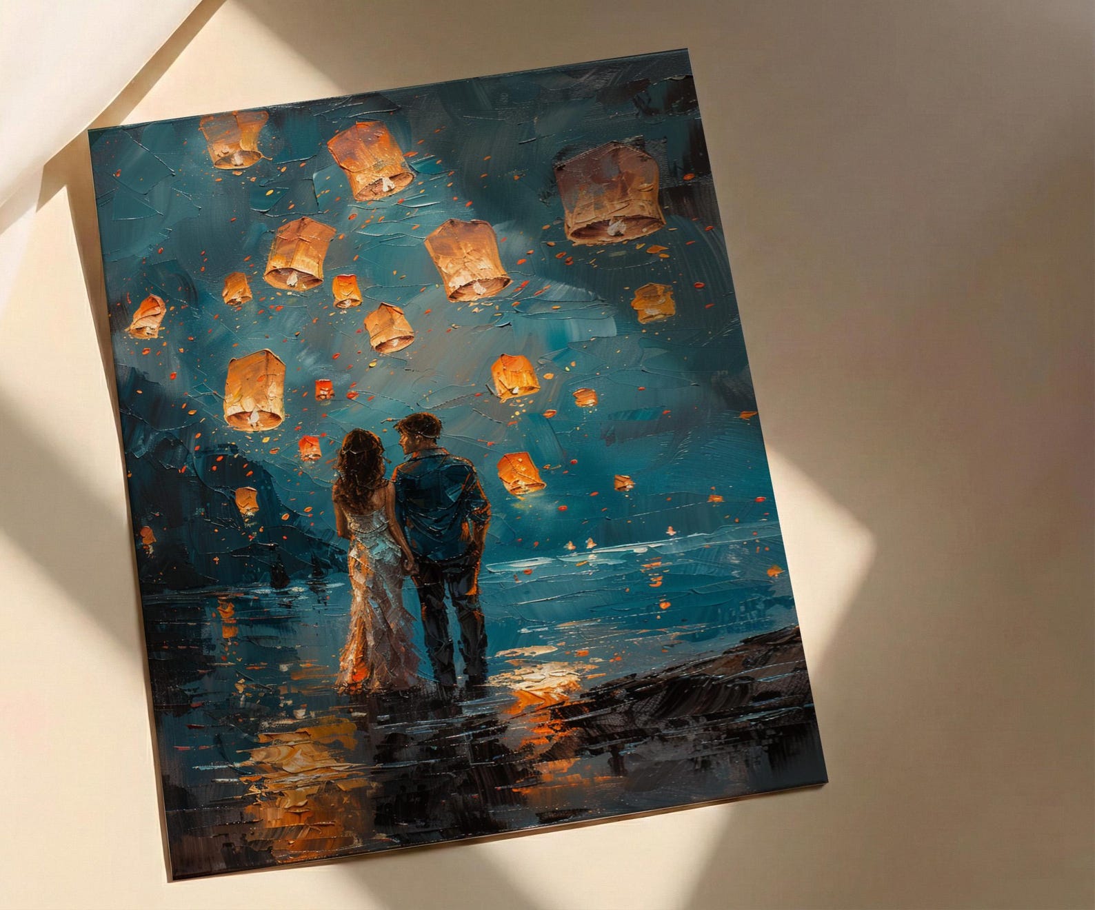 Thailand Wall Art, Chiang Mai Lantern Art Print, Night Sky Poster, Romantic Couple Painting, Asian Festival Decor — view 2