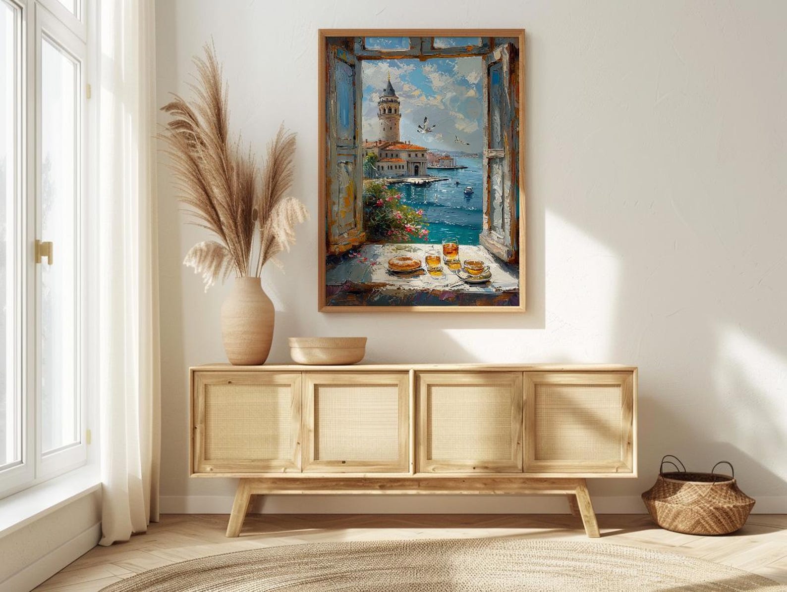 Istanbul Art Print, Maidens Tower Poster, Bosphorus Window Wall Art, Turkish Tea Simit Decor, Seaside Painting — view 4