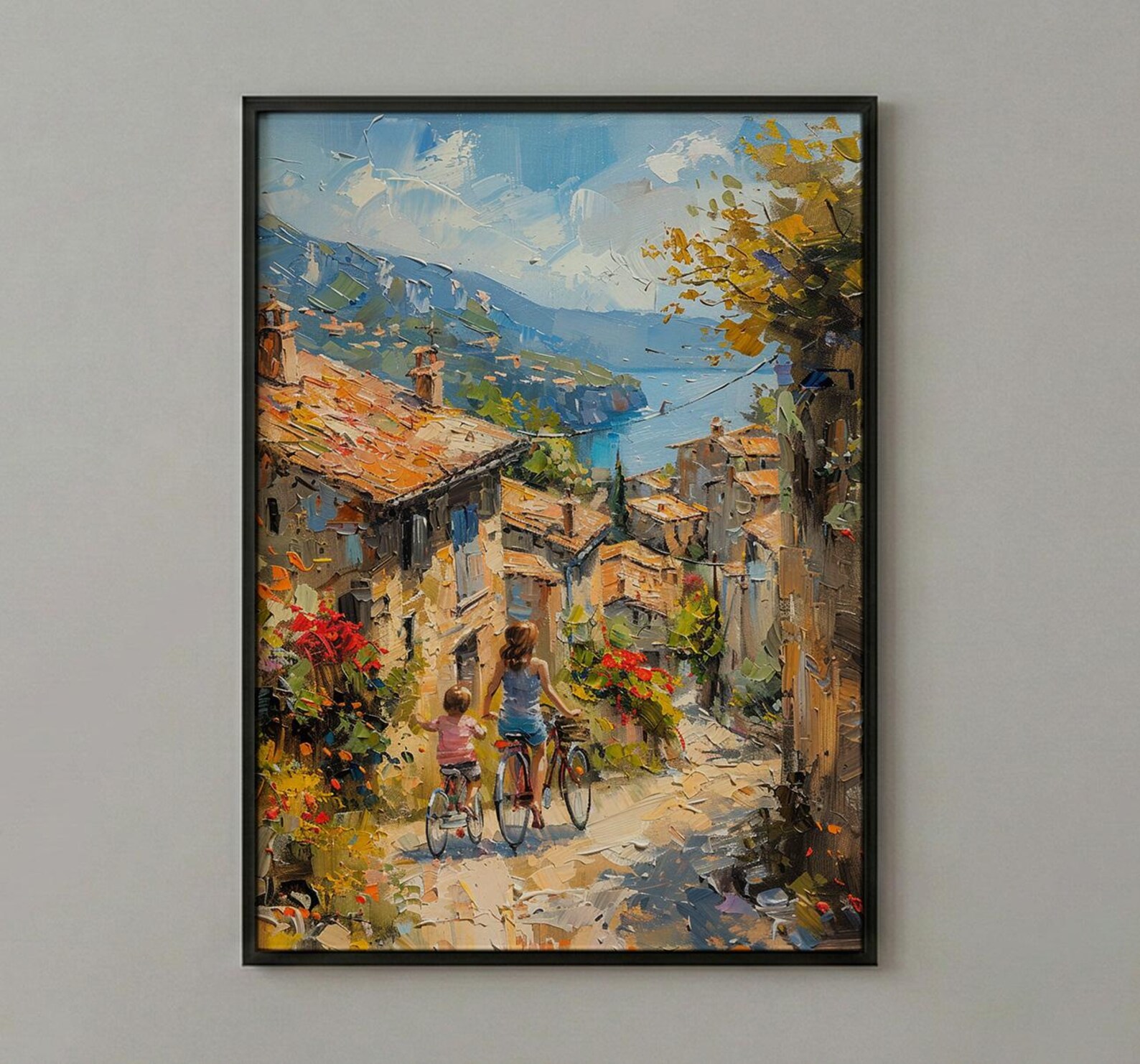 French Village Art Print, Mother Child Poster - Textured Impasto Oil Painting — view 3