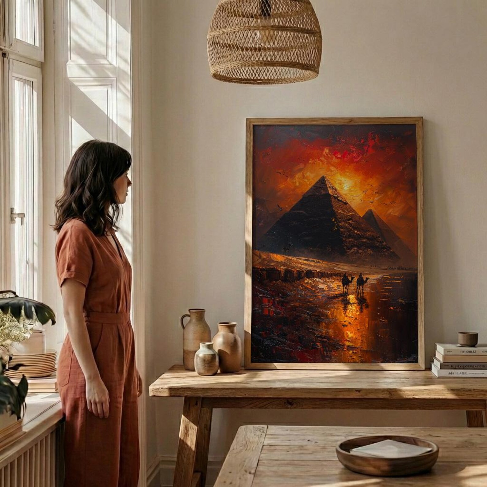 Egypt Pyramids Art, Giza Wall Decor, Sunset Landscape, Impasto Oil Painting, Camel Print, History Gift, Travel Lover Gift — view 4