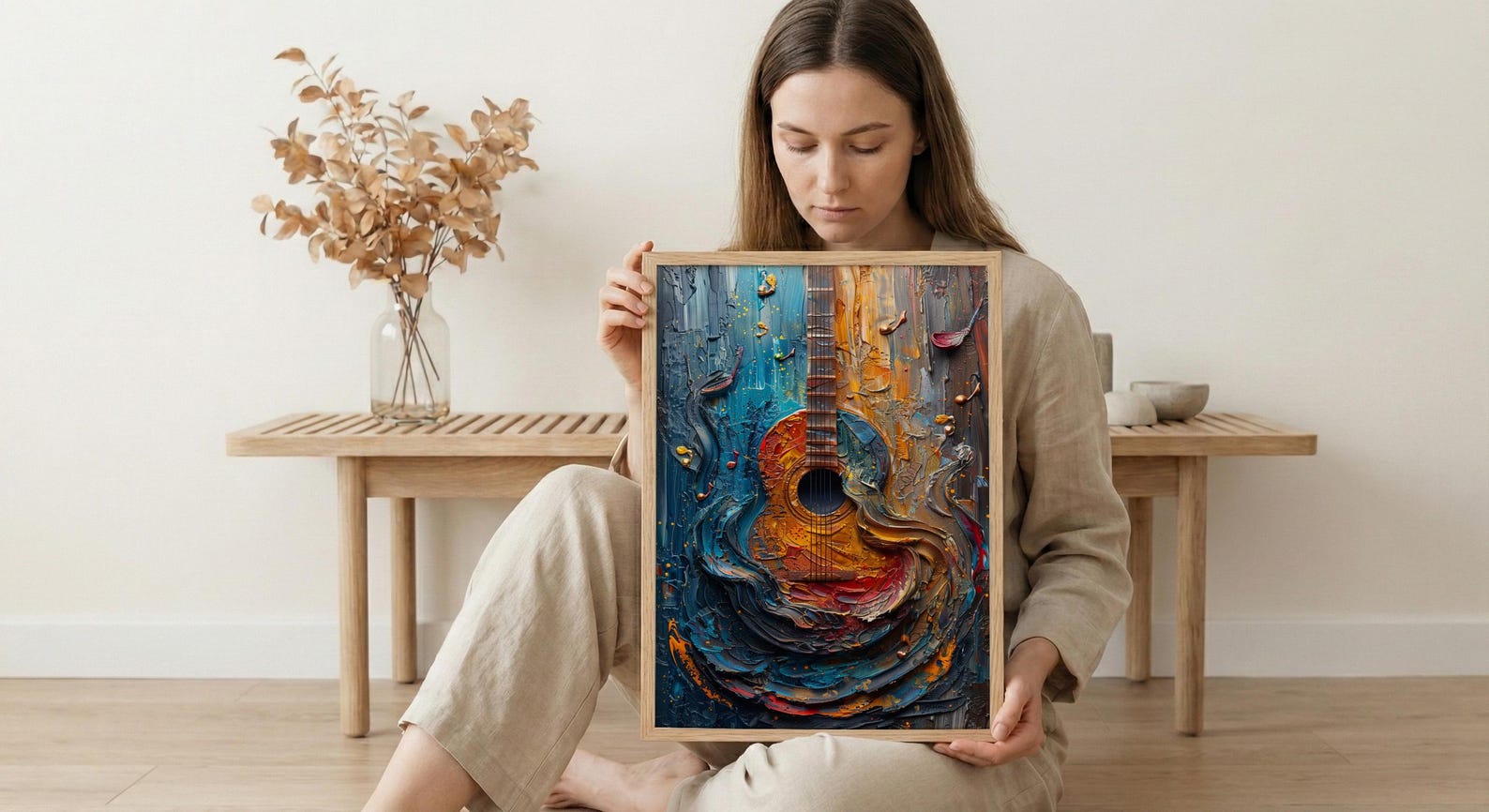 Indian Music Art, Sitar Print, Instrument Decor, Impasto Oil Painting, Classical Music, Cultural Gift, Best Friend Gift — view 6