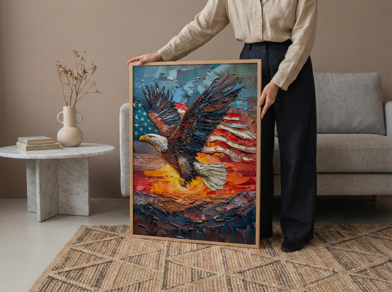 Bald Eagle Sunrise Art Print, Patriotic Mountain Decor - American Flag Poster — view 6