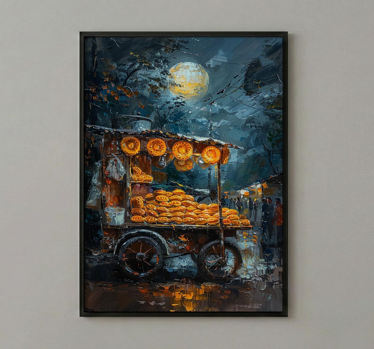 Golden Empanada Street Art Print, Latin Food Decor - Warm Evening Lantern Summer Cart