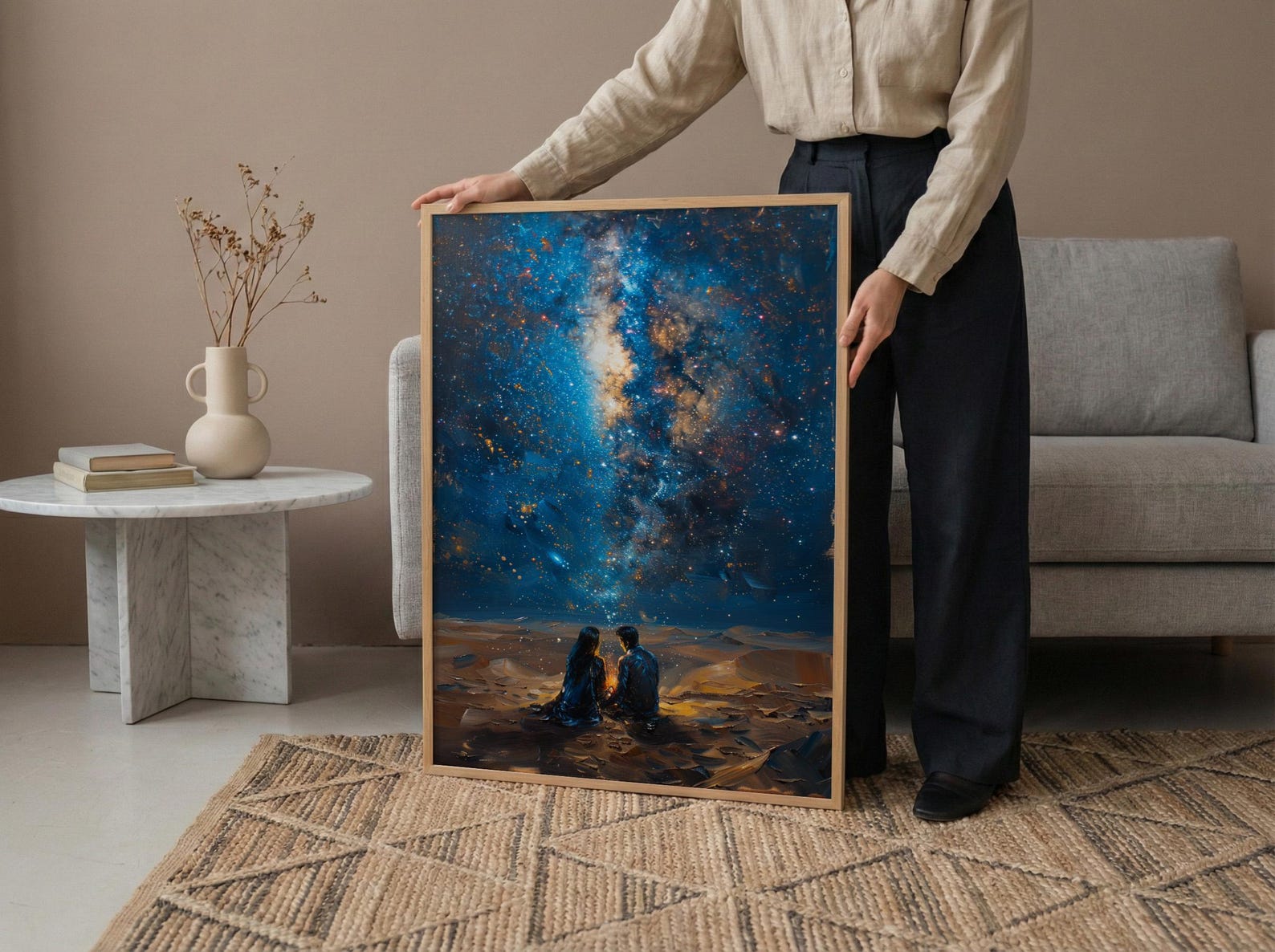 Sahara Desert Art Print, Night Sky Poster, African Milky Way Wall Art, Romantic Campfire Decor, Blue Gold Painting — view 5