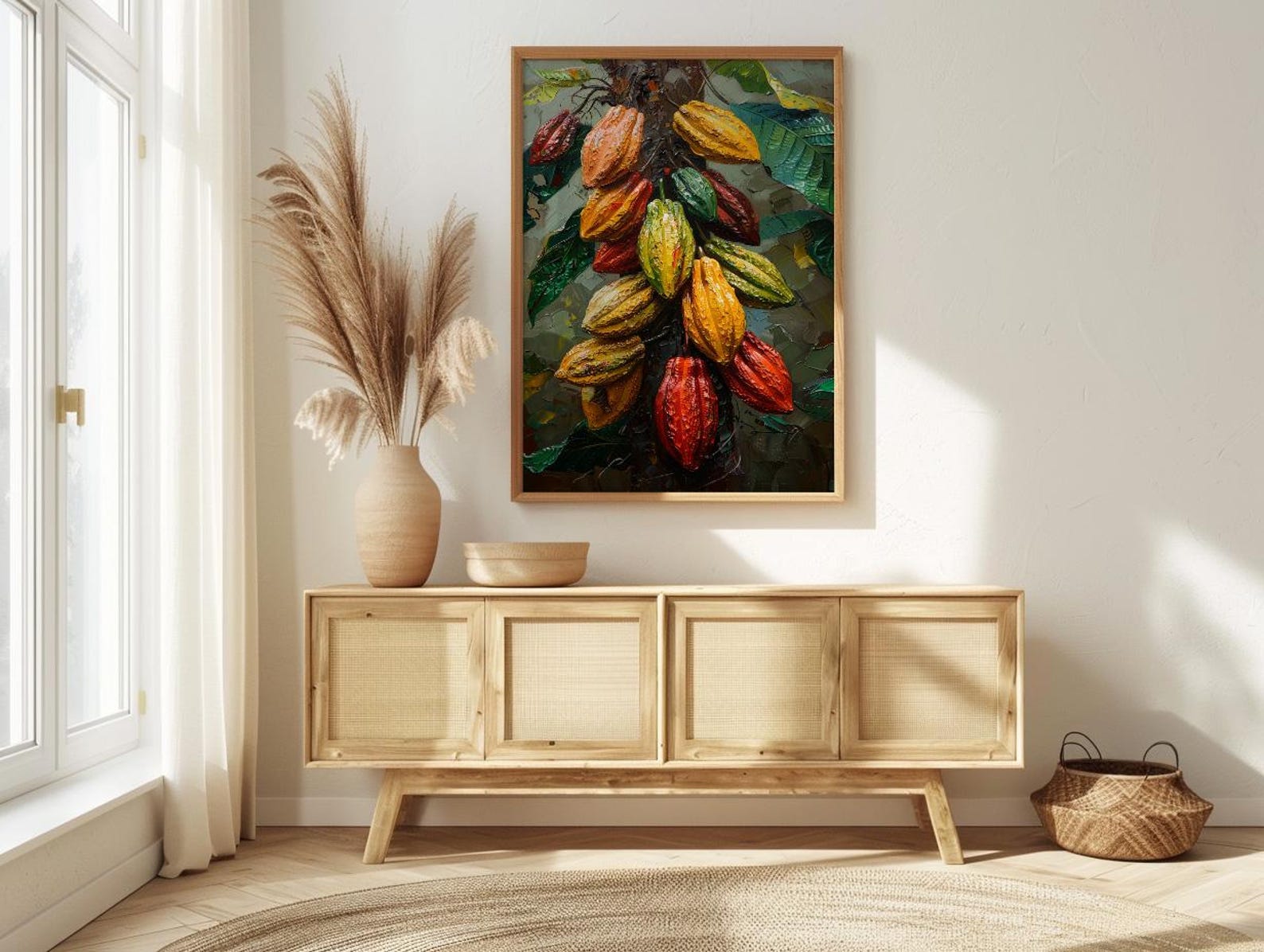 Cacao Pod Tree Wall Art, Exotic Nature Decor - Red Yellow Fruit Summer Jungle — view 4