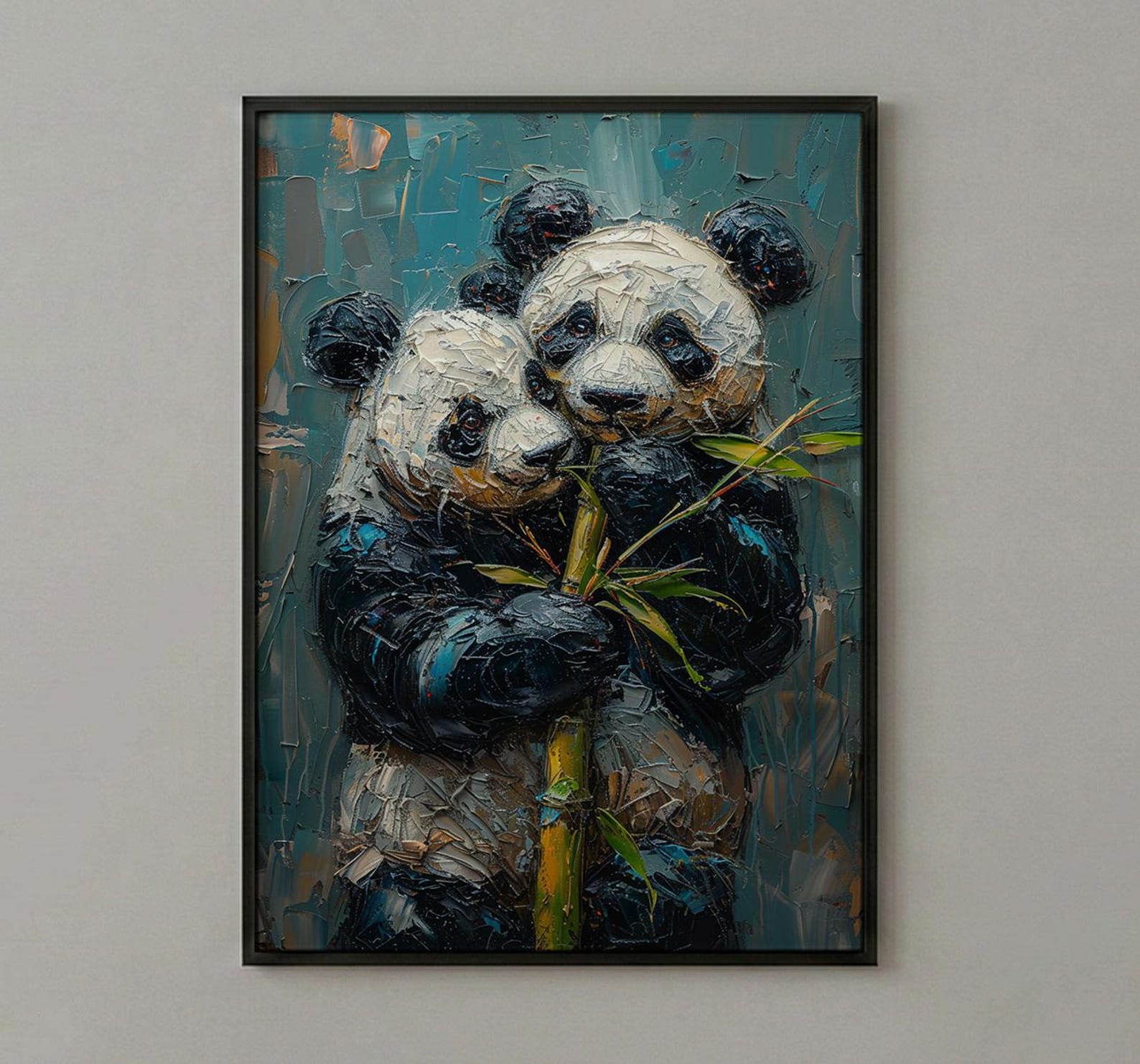 Panda Bear Art, Cute Animal Print, Nursery Wall Decor, Impasto Oil Painting, Black and White, Baby Shower Gift, Hugging