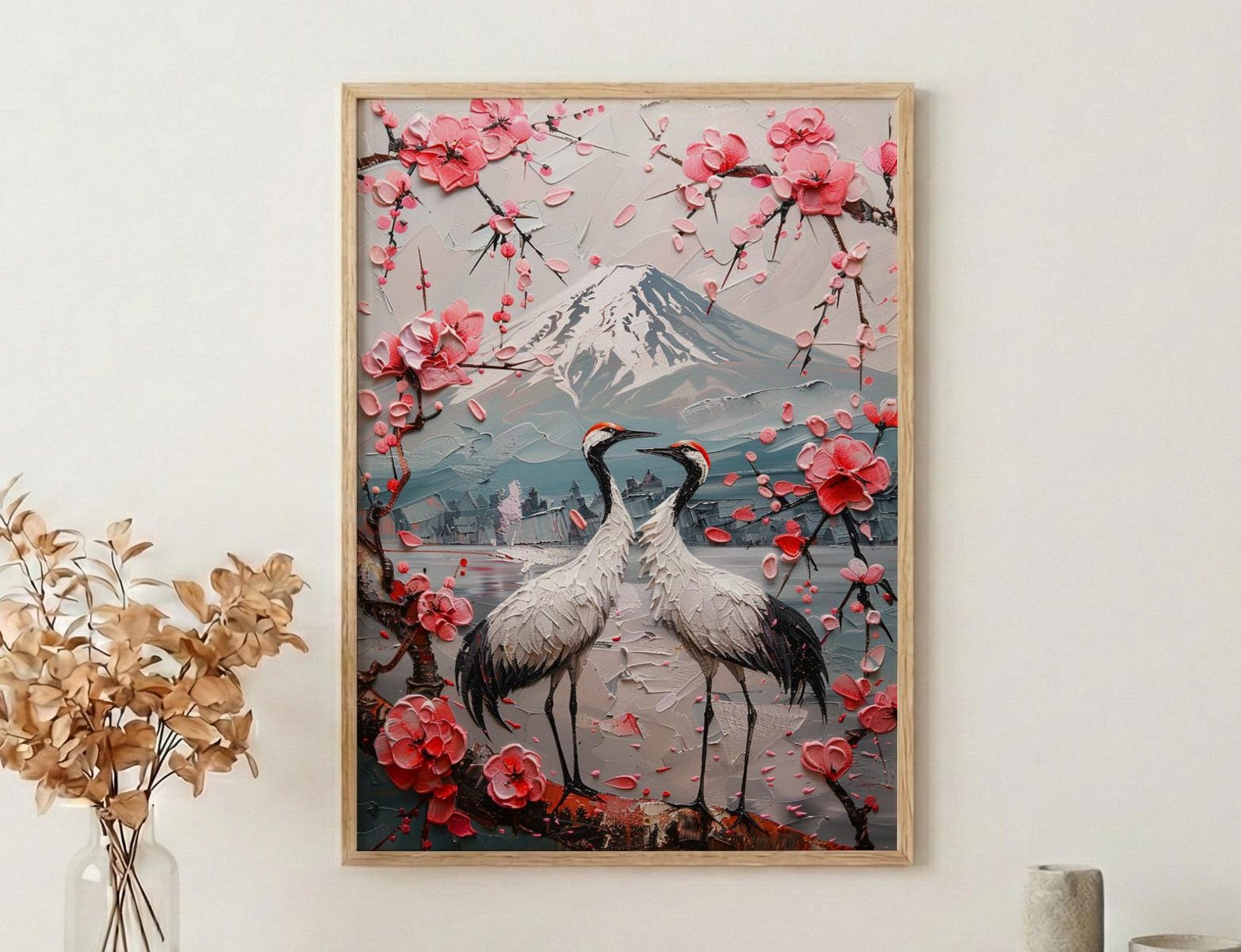 Japanese Art Print, Sakura Heart, Cherry Blossom Decor, Impasto Oil Painting, Crane Bird Art, Zen Wall Decor, Pink Floral, Wedding Gift
