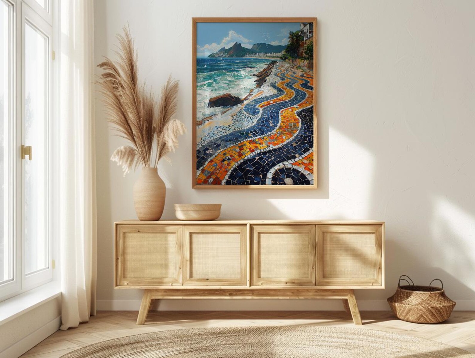 Copacabana Mosaic Walkway Wall Art, Rio Beach City Decor - Bright Blue Ocean Scene — view 2