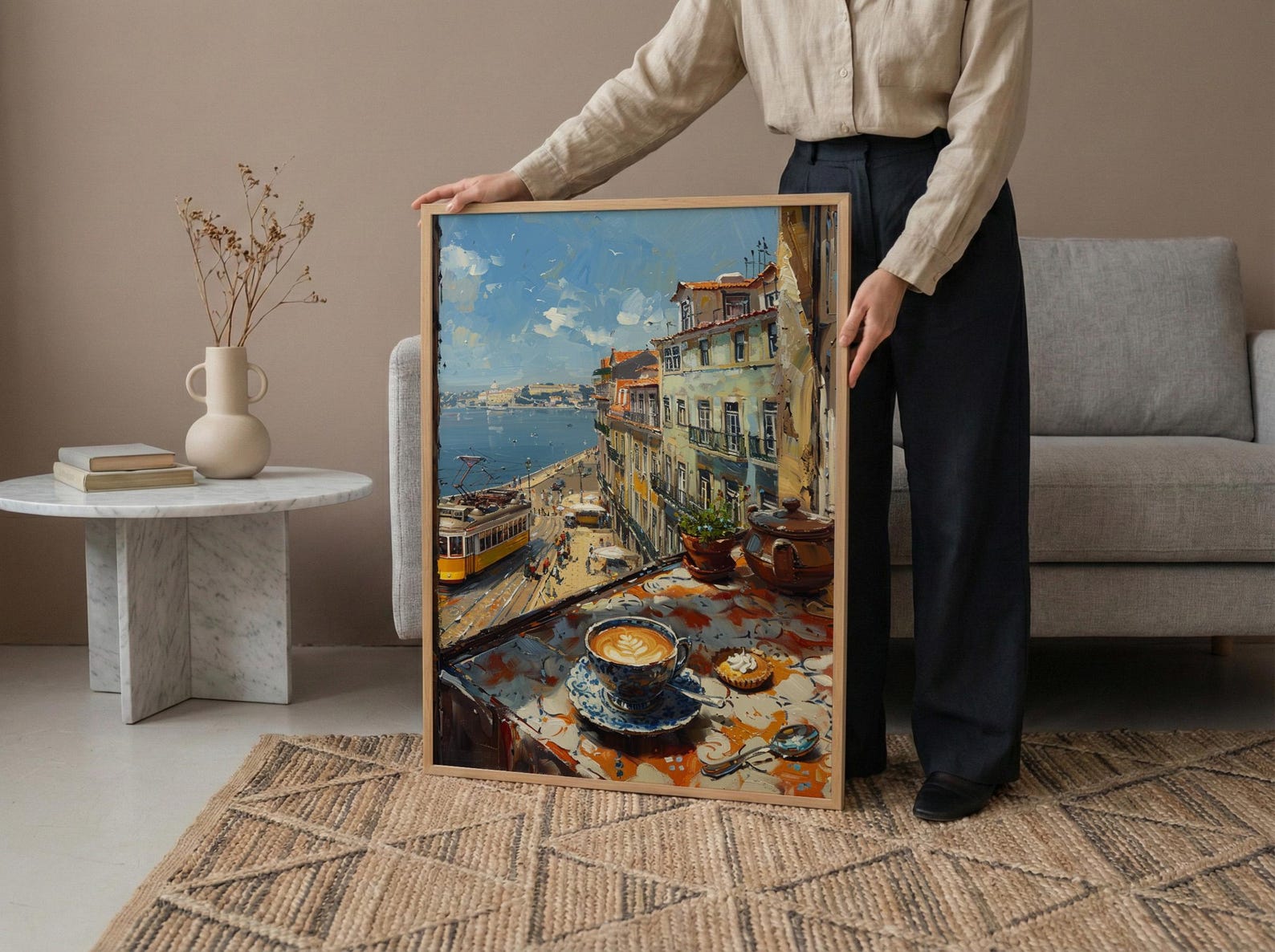 Lisbon Window Art Print, Yellow Tram Decor - Pastel De Nata Landscape — view 6