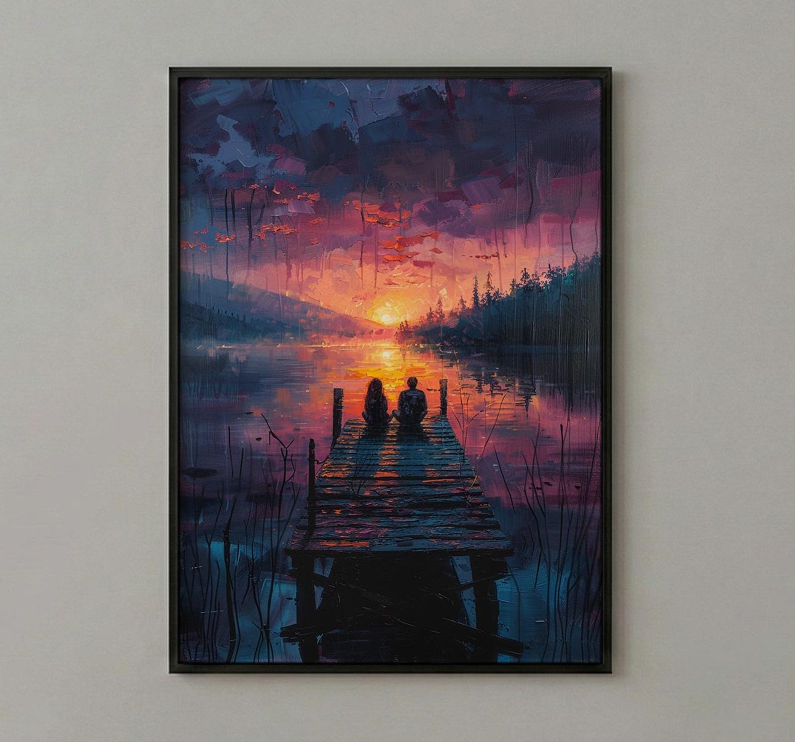 Lake Sunset Wall Decor, Peaceful Dock Romantic Art - Palette Knife Painting Style — view 2