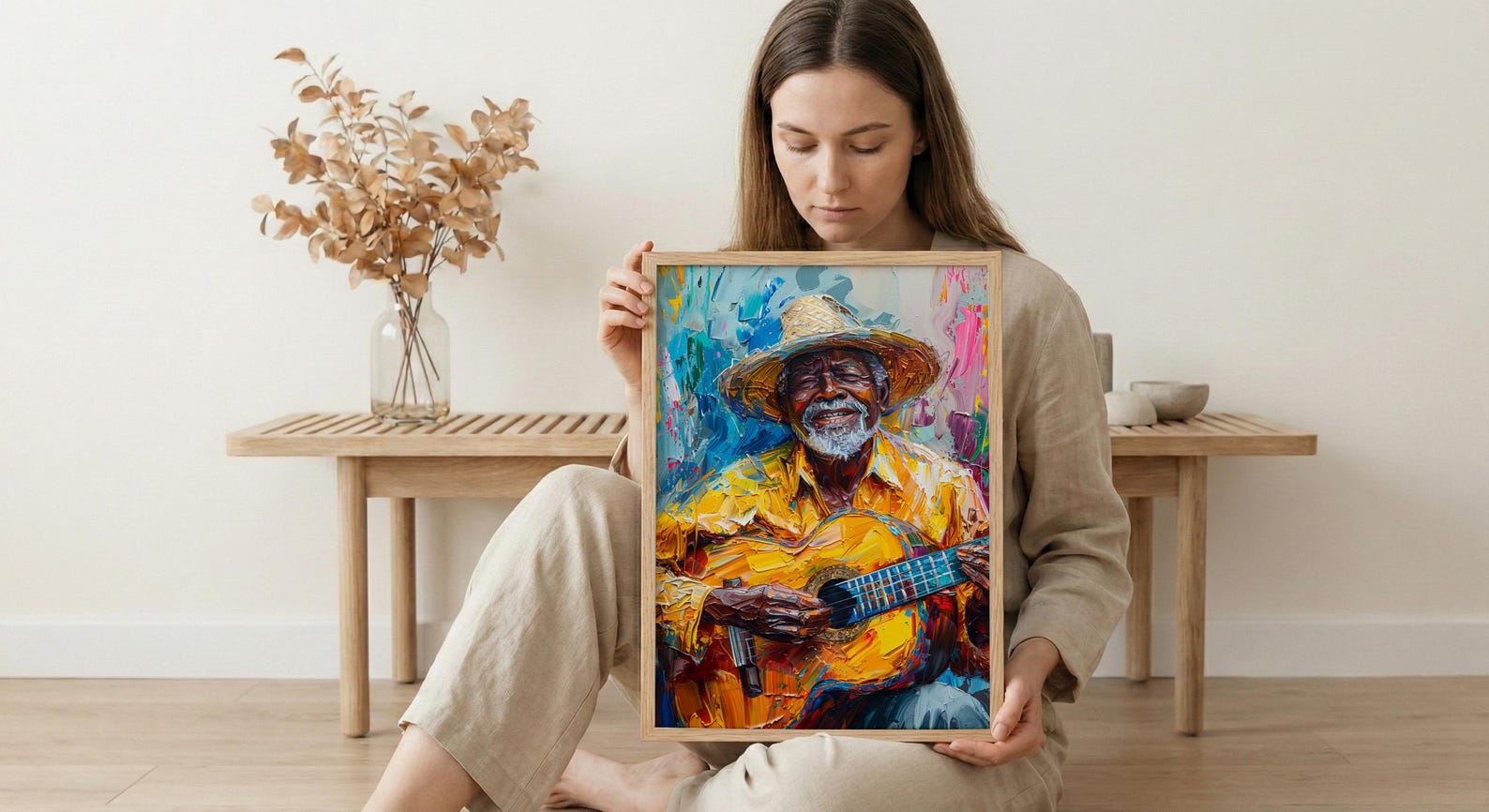 Plaza Guitar Musician Wall Art, Colonial Street Decor - Straw Hat Sun Drenched Summer — view 6