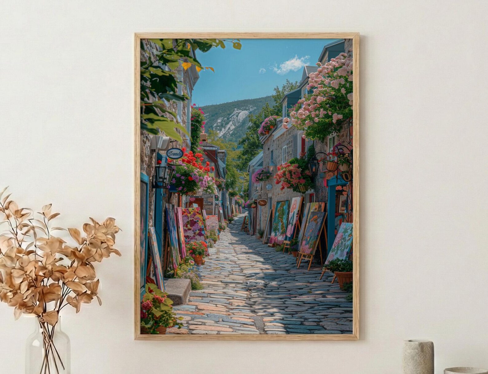 Quebec City Art Market Print, Historic Canadian Street Decor - Colorful Easel Summer View