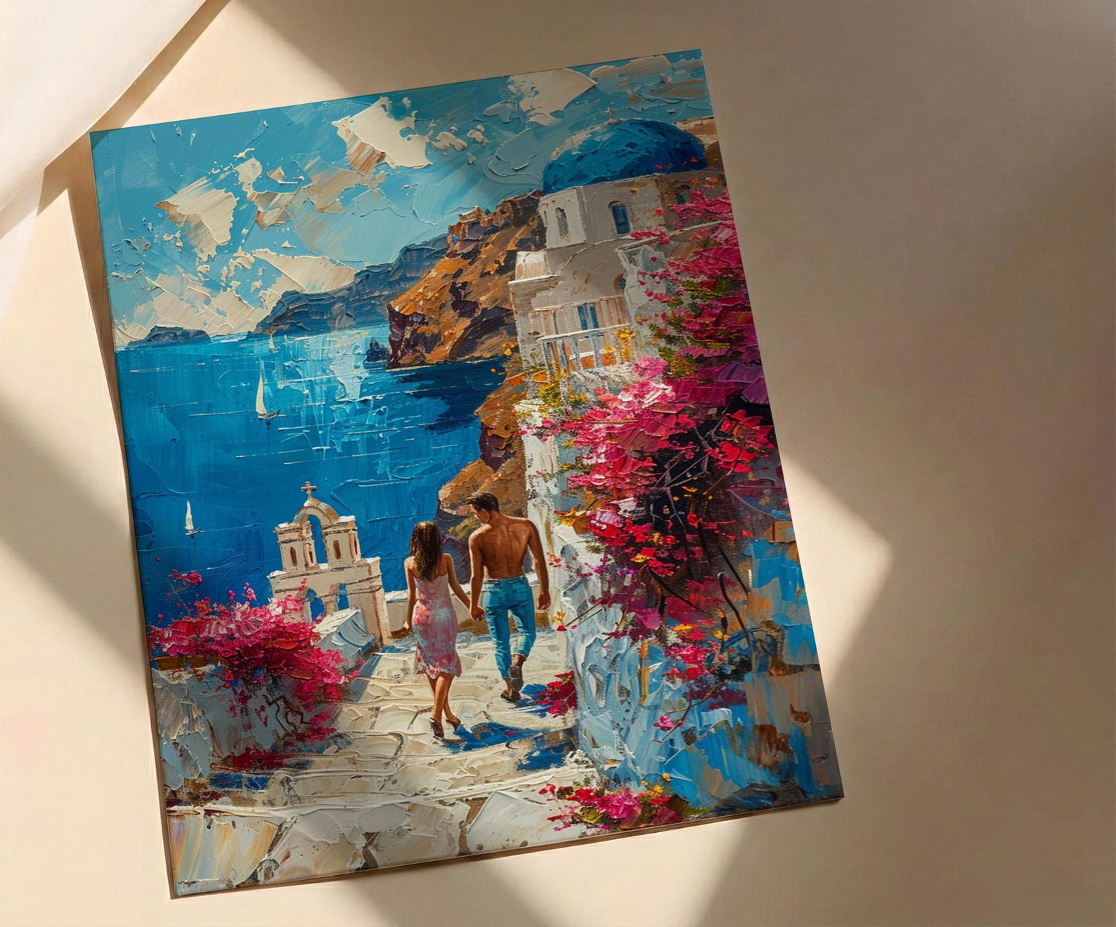 Santorini Honeymoon Art Print, Greek Coastal Decor - Honeymoon Gift — view 2