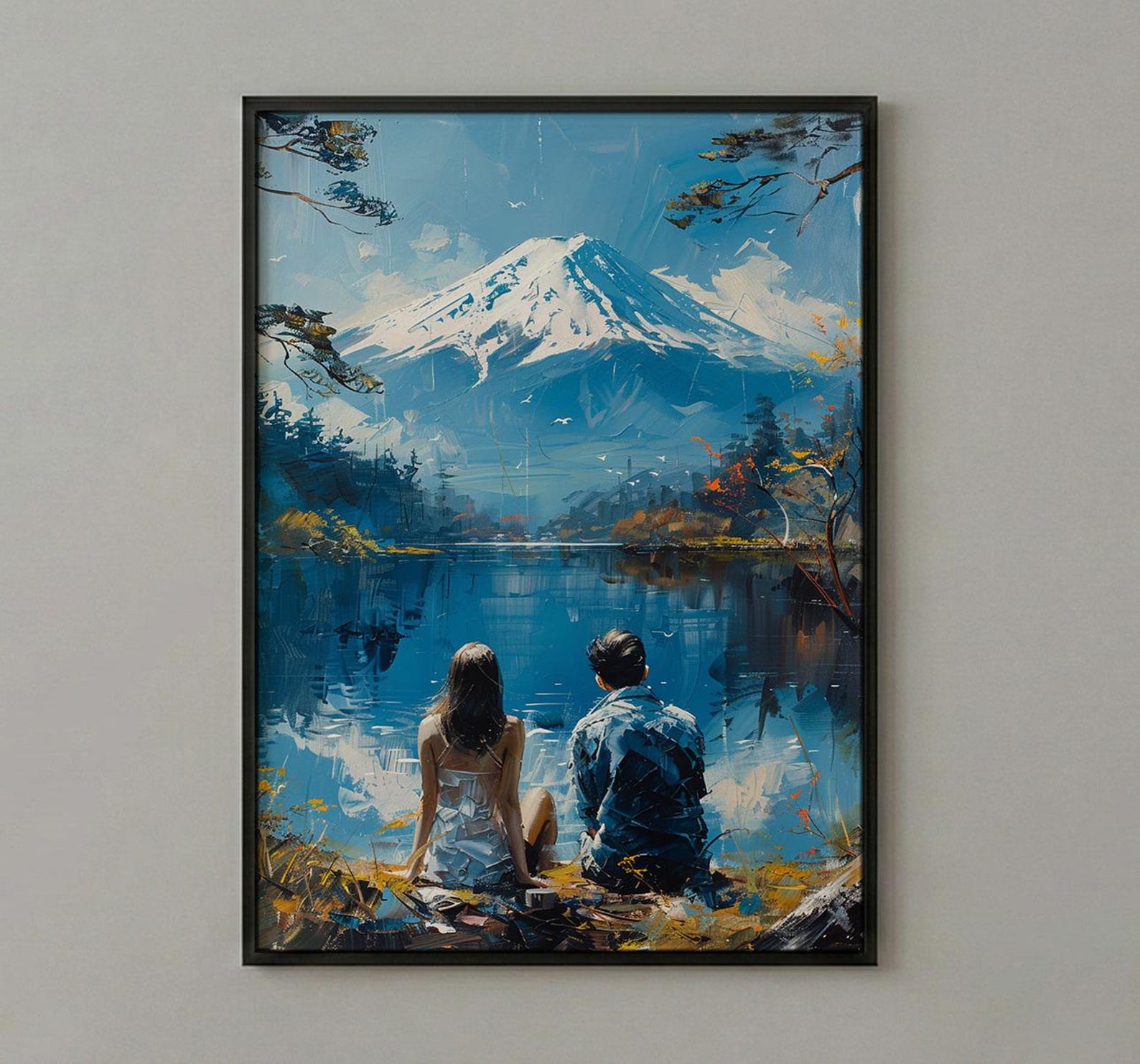 Mount Fuji Poster, Japan Lake Art Print, Serene Nature Wall Art, Peaceful Couple Painting, Zen Asian Decor — view 3