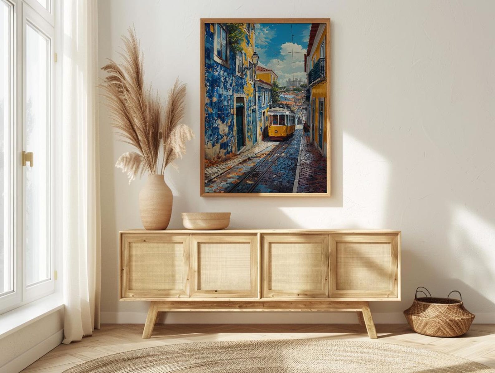 Lisbon Wall Art, Yellow Tram 28 Print, Portugal Decor, Impasto Oil Painting, Azulejo Tile, Cityscape Art, Cheerful Gift — view 2