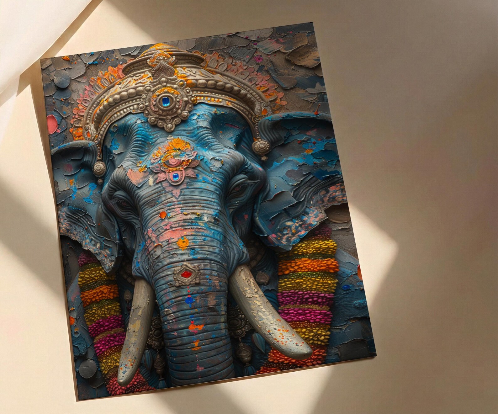 Elephant Art Print, Temple India Decor, Cultural Blessing, Impasto Oil Painting, Painted Elephant, Good Luck Gift, Baby Shower Gift — view 5