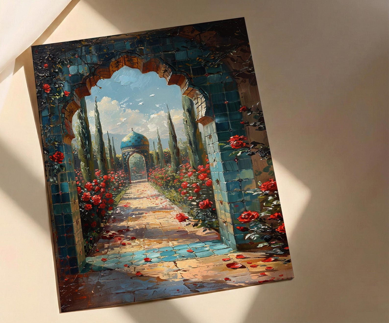 Persian Art Print, Garden Arch Decor, Turquoise Tile, Impasto Oil Painting, Red Roses, Mystic Landscape, Spiritual — view 2