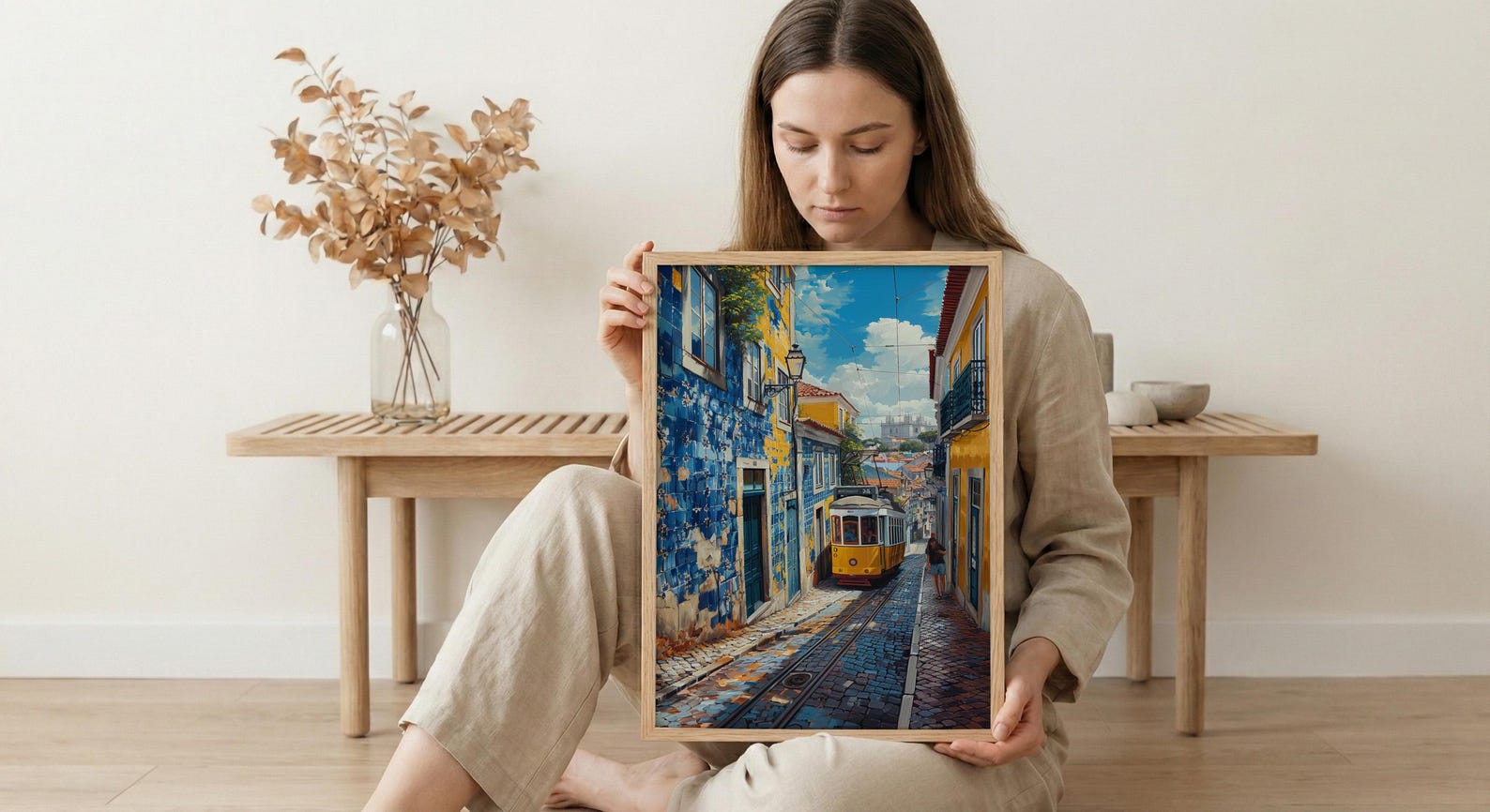 Lisbon Wall Art, Yellow Tram 28 Print, Portugal Decor, Impasto Oil Painting, Azulejo Tile, Cityscape Art, Cheerful Gift — view 6