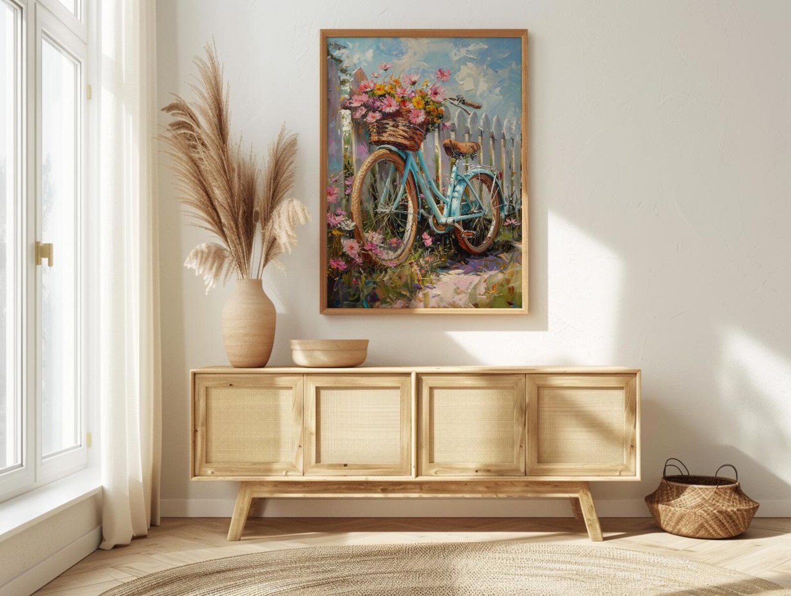 Preppy Beach Bicycle Art Print, Coastal Summer Flower Decor - White Picket Fence View — view 4