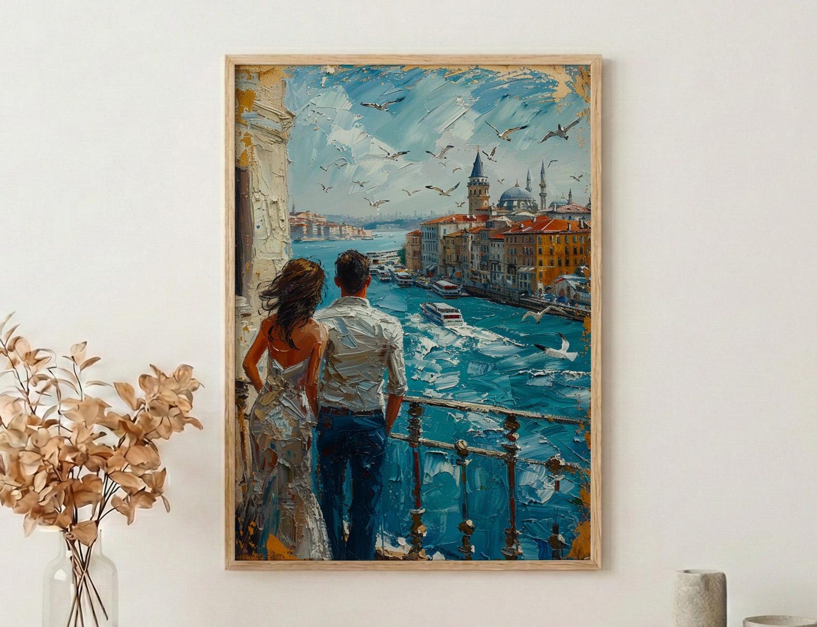Istanbul Poster, Turkey Travel Art Print, Galata Tower Wall Art, Bosphorus Ferry Painting, Cityscape Decor