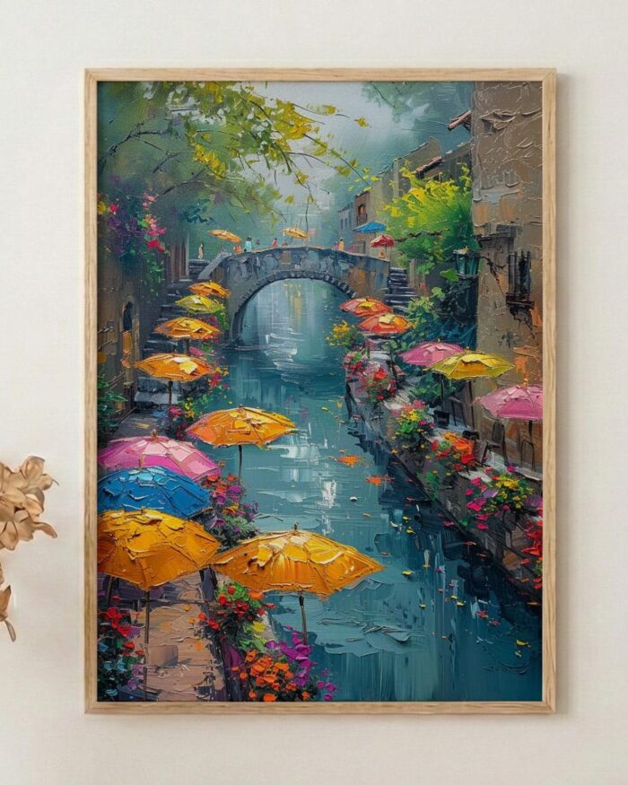 San Antonio River Walk Wall Art, Texas Travel Decor - Colorful Umbrella Summer Afternoon