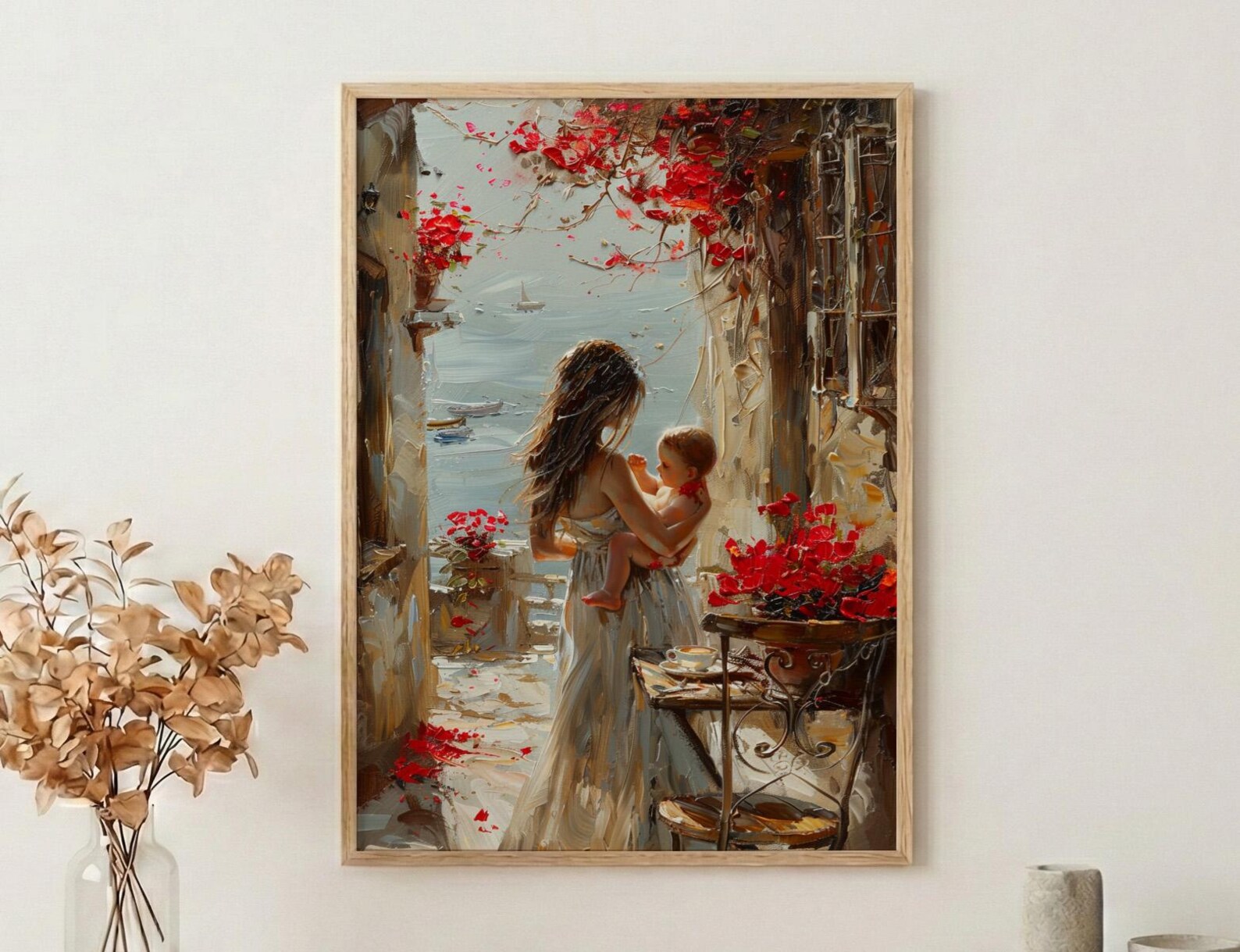 European Cafe Wall Art, Mother Baby Poster - Palette Knife Painting Style