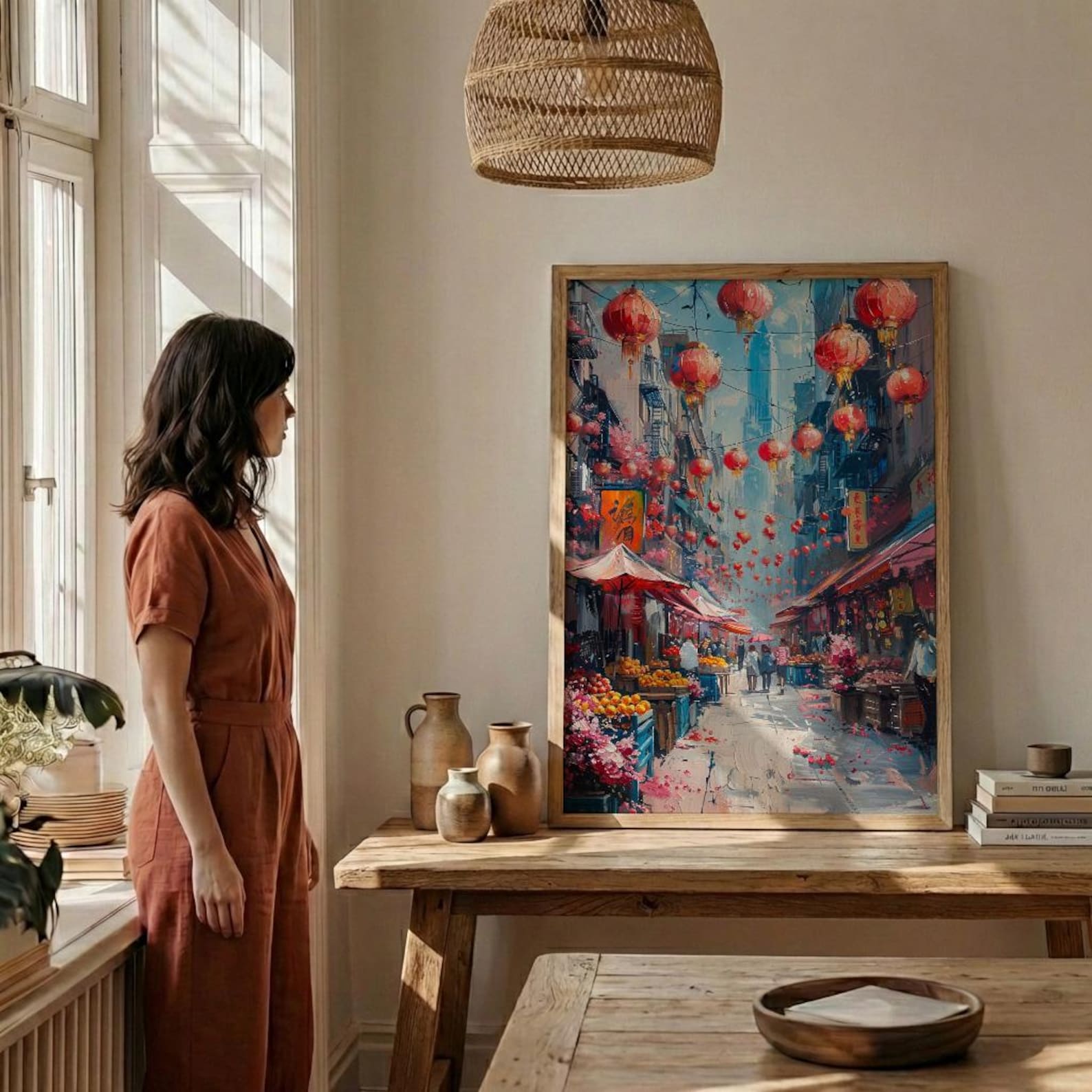 San Francisco Chinatown Poster, California Street Travel City Decor - Red Lantern Summer Market View — view 3