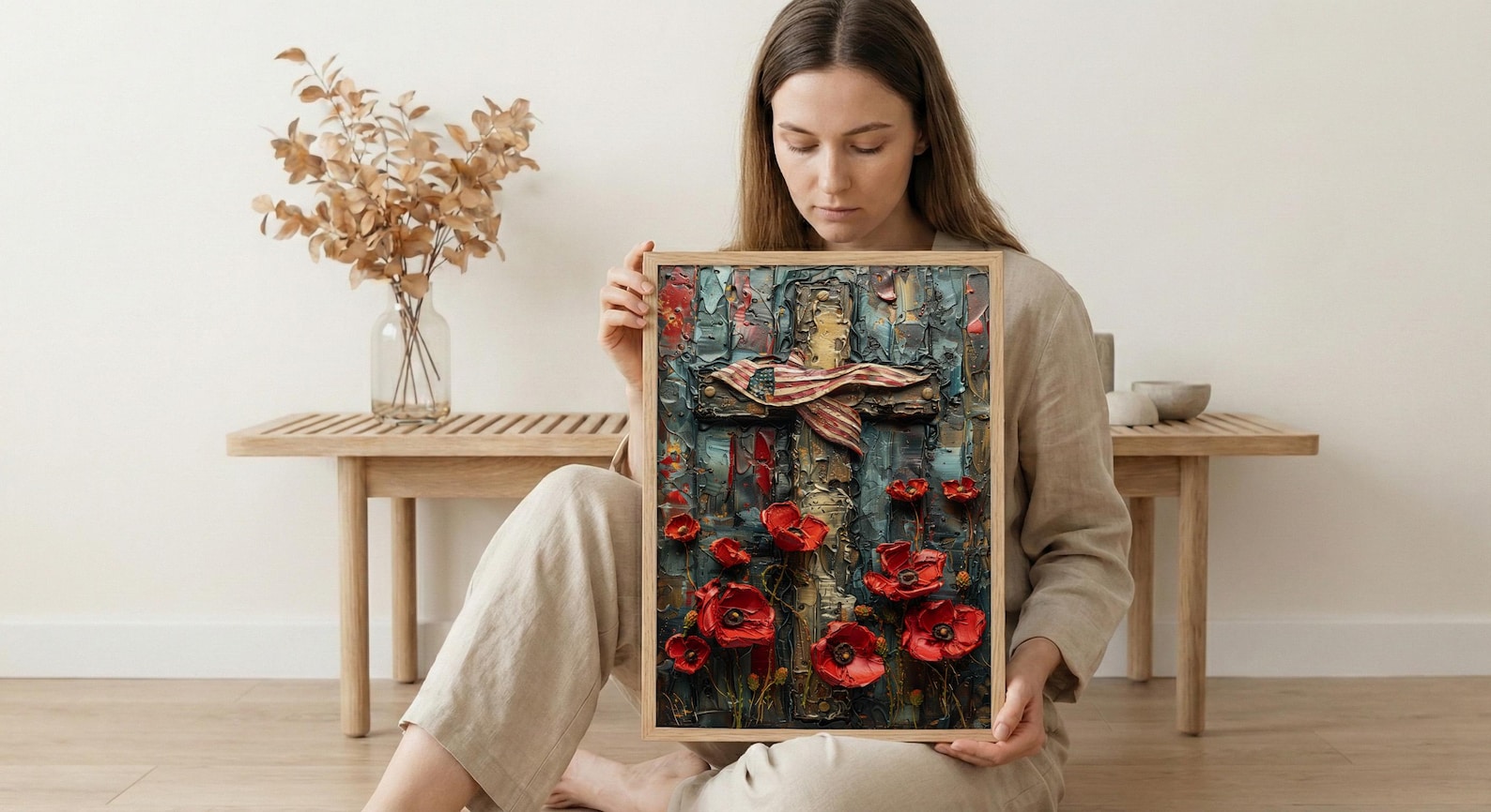 Wooden Cross Flag Art Print, Christian Patriotic Decor - Memorial Poppies Poster — view 6