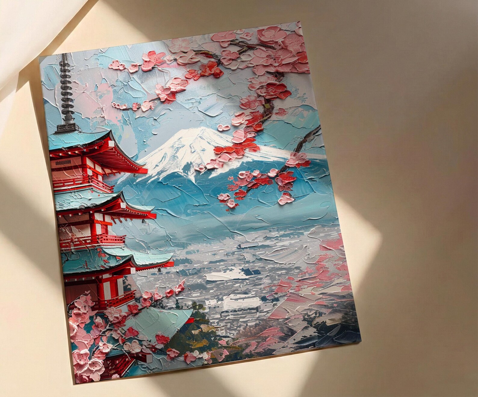 Japanese Chureito Pagoda Oil Painting Poster, Mount Fuji Sunset Art Print, Sakura & Pagoda Wall Art, Japan Travel Decor, Impasto Landscape — view 4