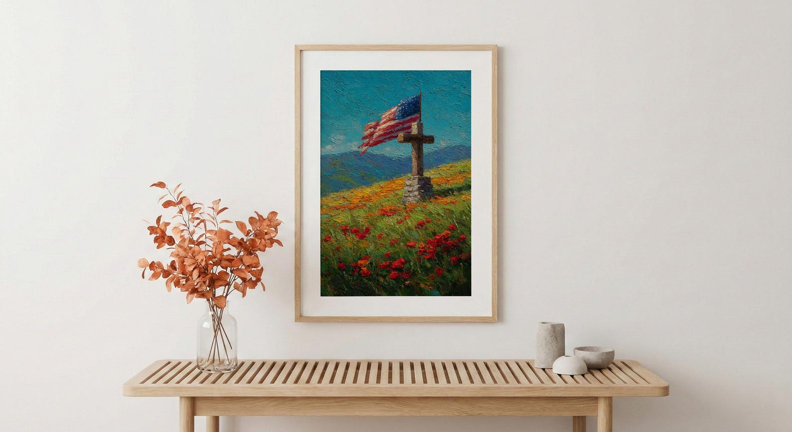 Veteran Memorial Wall Art, Old Wooden Cross Print - Rustic Patriotic Decor — view 5