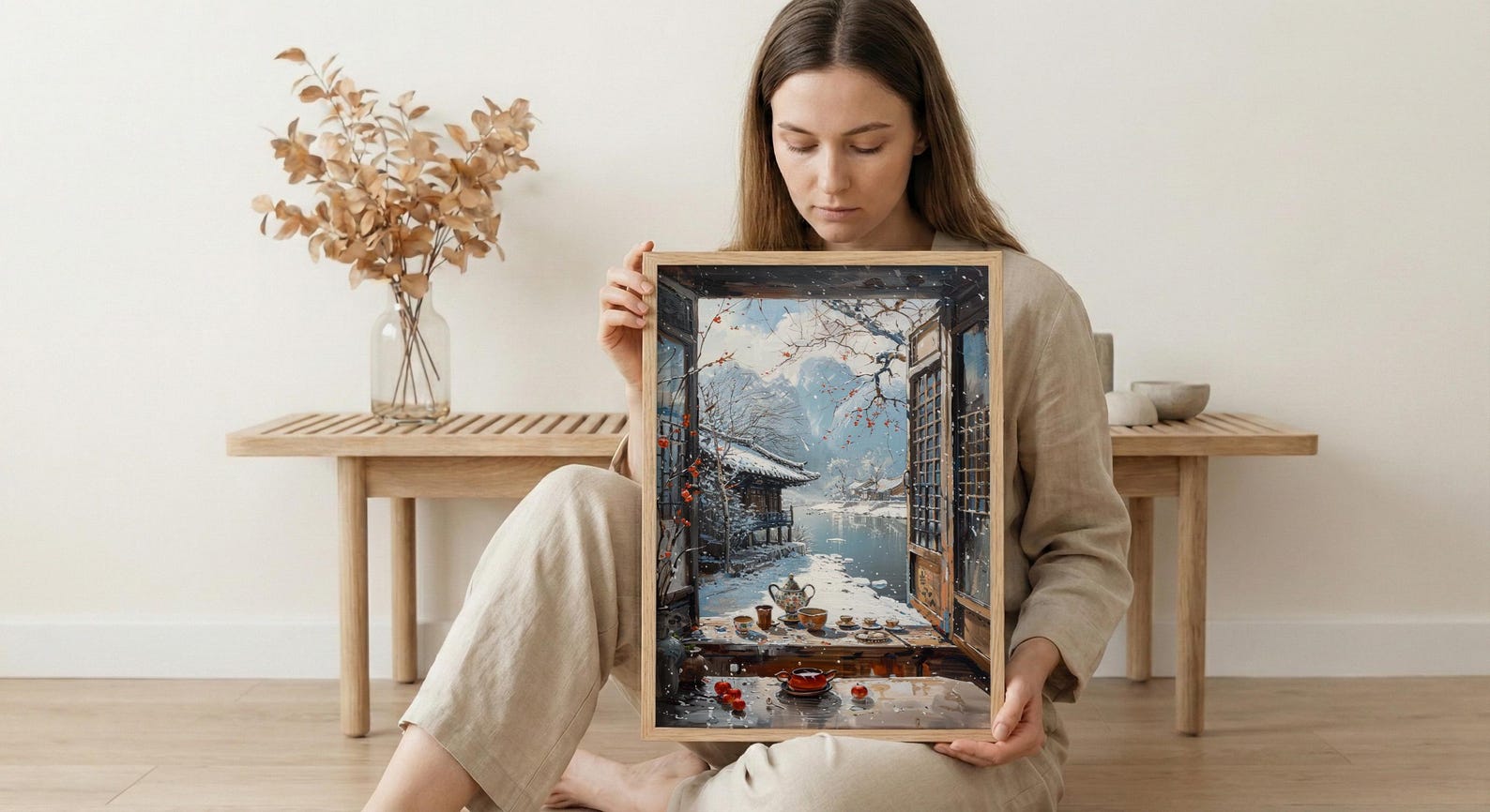 Korea Window Wall Art, Hanok Village Decor - Winter Snowy Tea Set — view 6