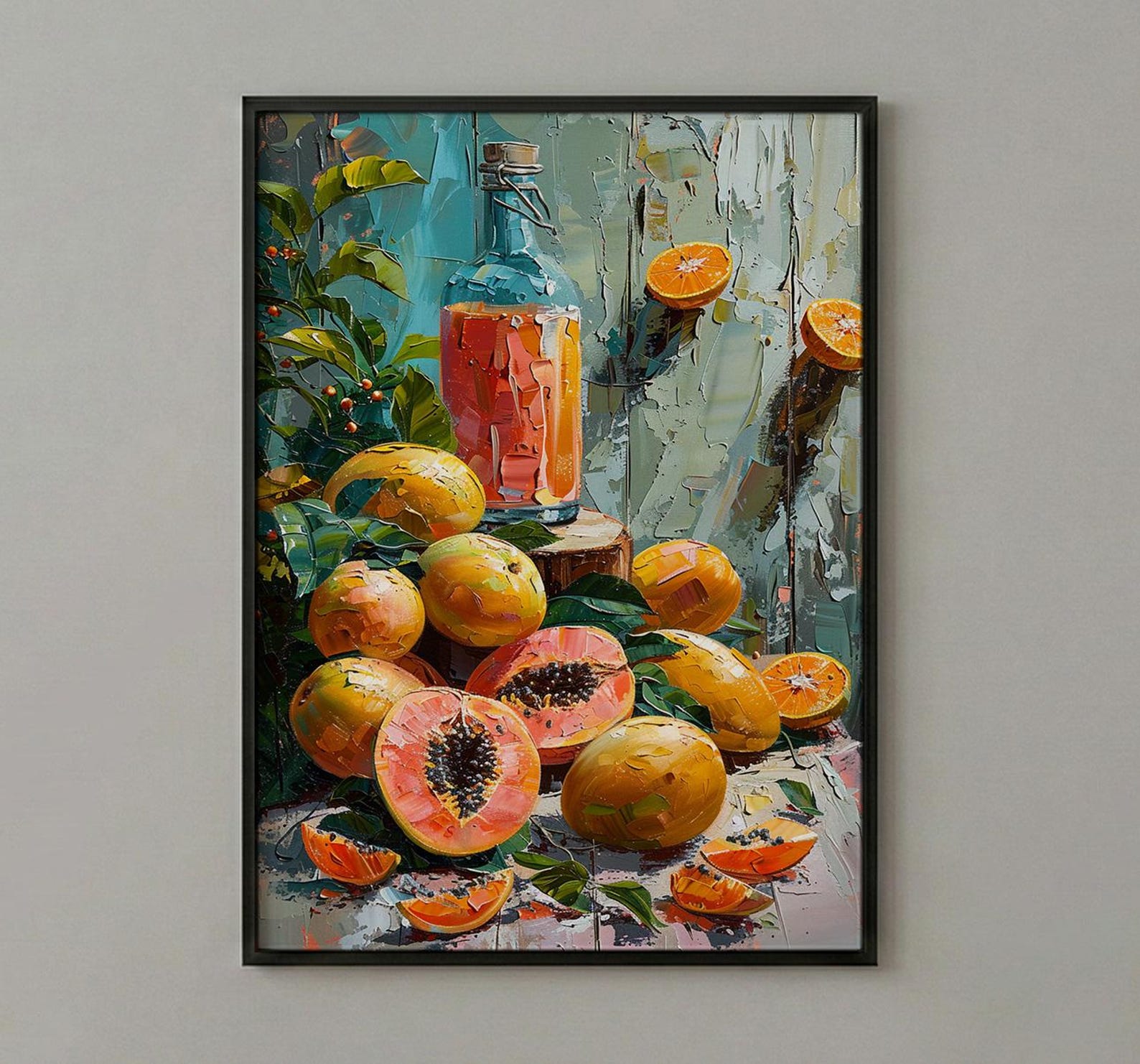 Fresh Papaya Mango Art Print, Tropical Fruit Decor - Rustic Wooden Table Summer Sunshine — view 2