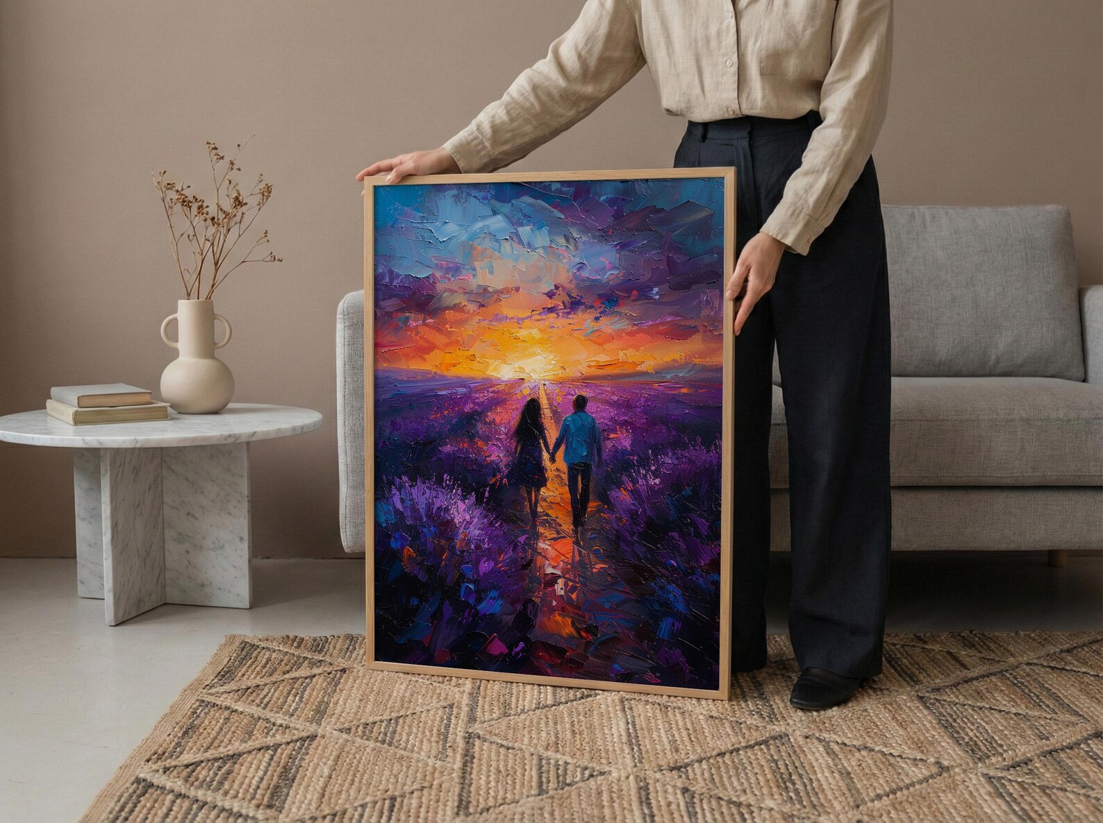 Provence Wall Art, Lavender Field Print, French Country Decor, Impasto Oil Painting, Sunset Landscape, Purple Wall Art, Romantic — view 5