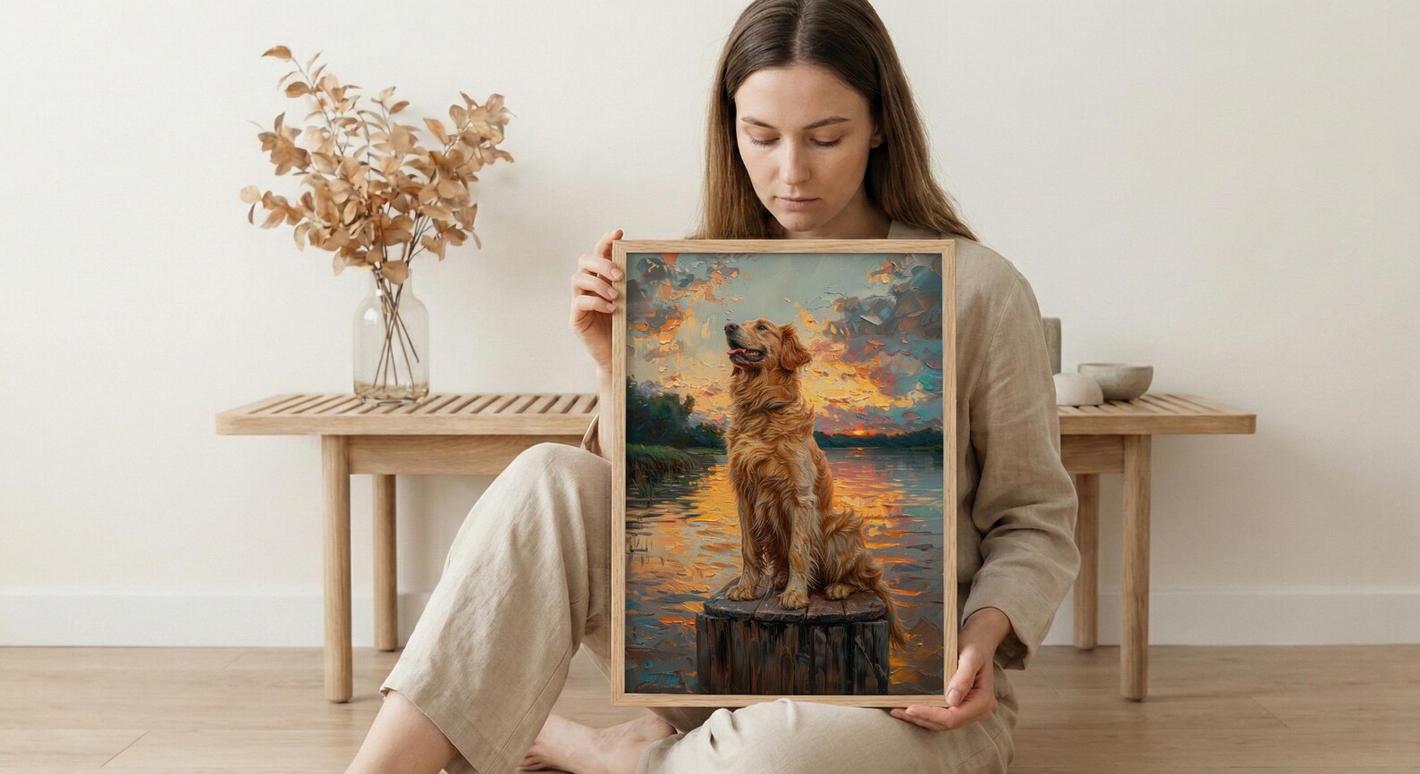 Golden Retriever Dock Wall Art, Lake House Rustic Decor - Bright Summer Sunrise Scene — view 6