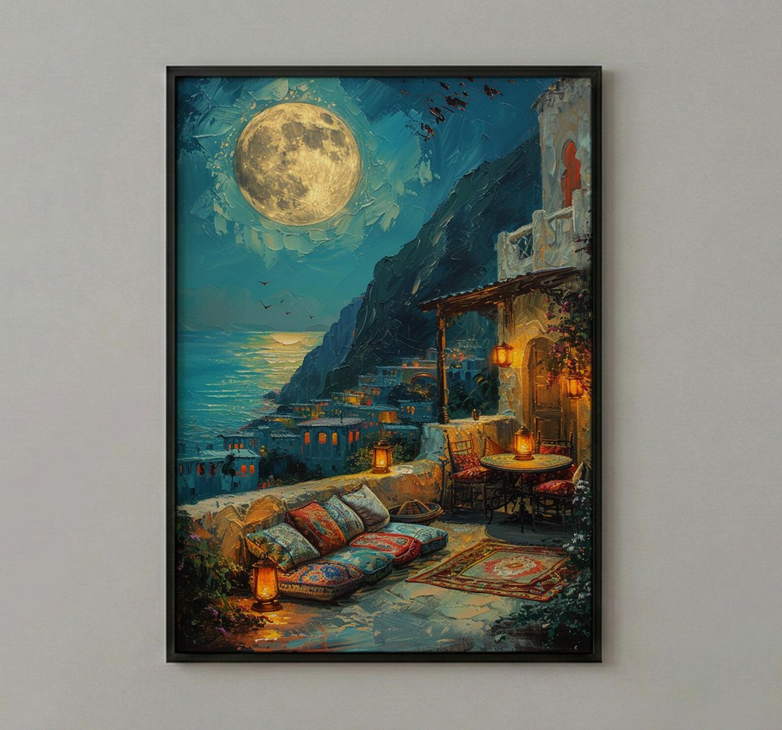 Rooftop Terrace Art, Moroccan Lanterns, Night City View, Impasto Oil Painting, Romantic Evening, Boho Decor, Travel Lover Gift