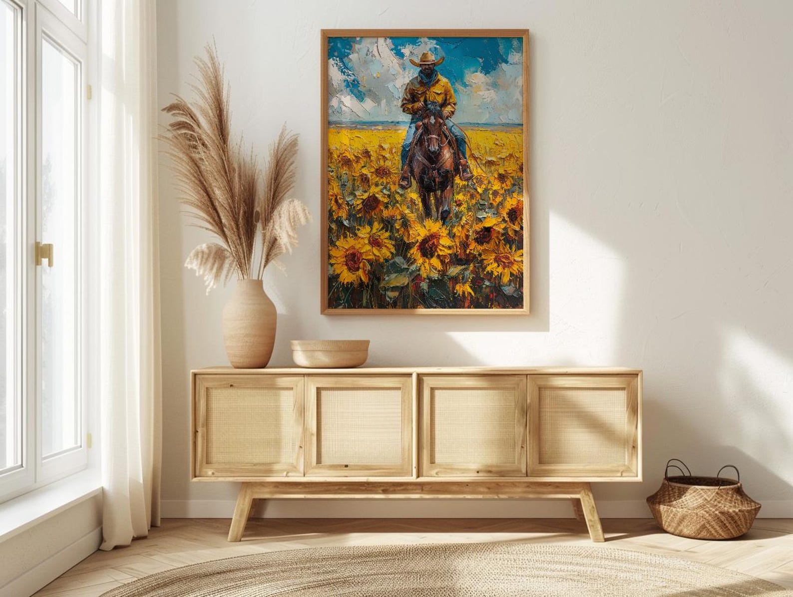 Western Horse Wall Art, Cowboy Blooming Sunflower Field Decor - Bright Yellow Summer Nature View — view 3