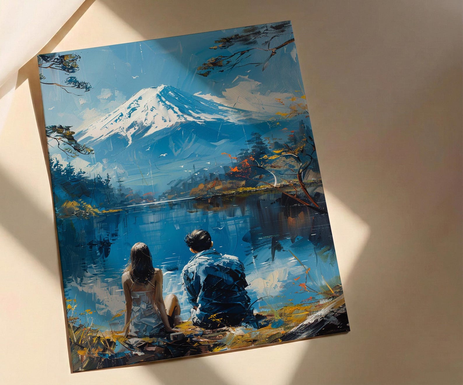 Mount Fuji Poster, Japan Lake Art Print, Serene Nature Wall Art, Peaceful Couple Painting, Zen Asian Decor — view 2