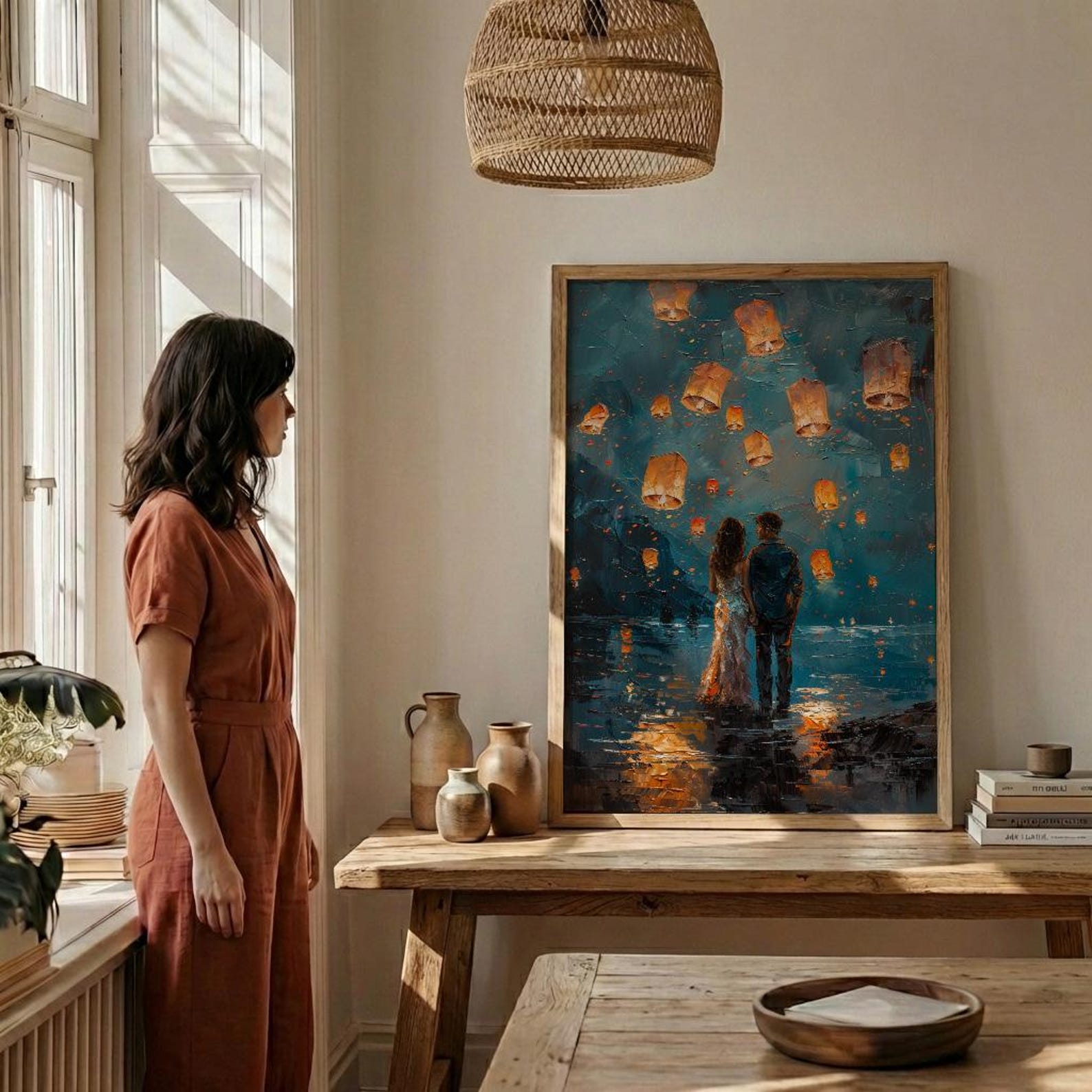 Thailand Wall Art, Chiang Mai Lantern Art Print, Night Sky Poster, Romantic Couple Painting, Asian Festival Decor — view 3