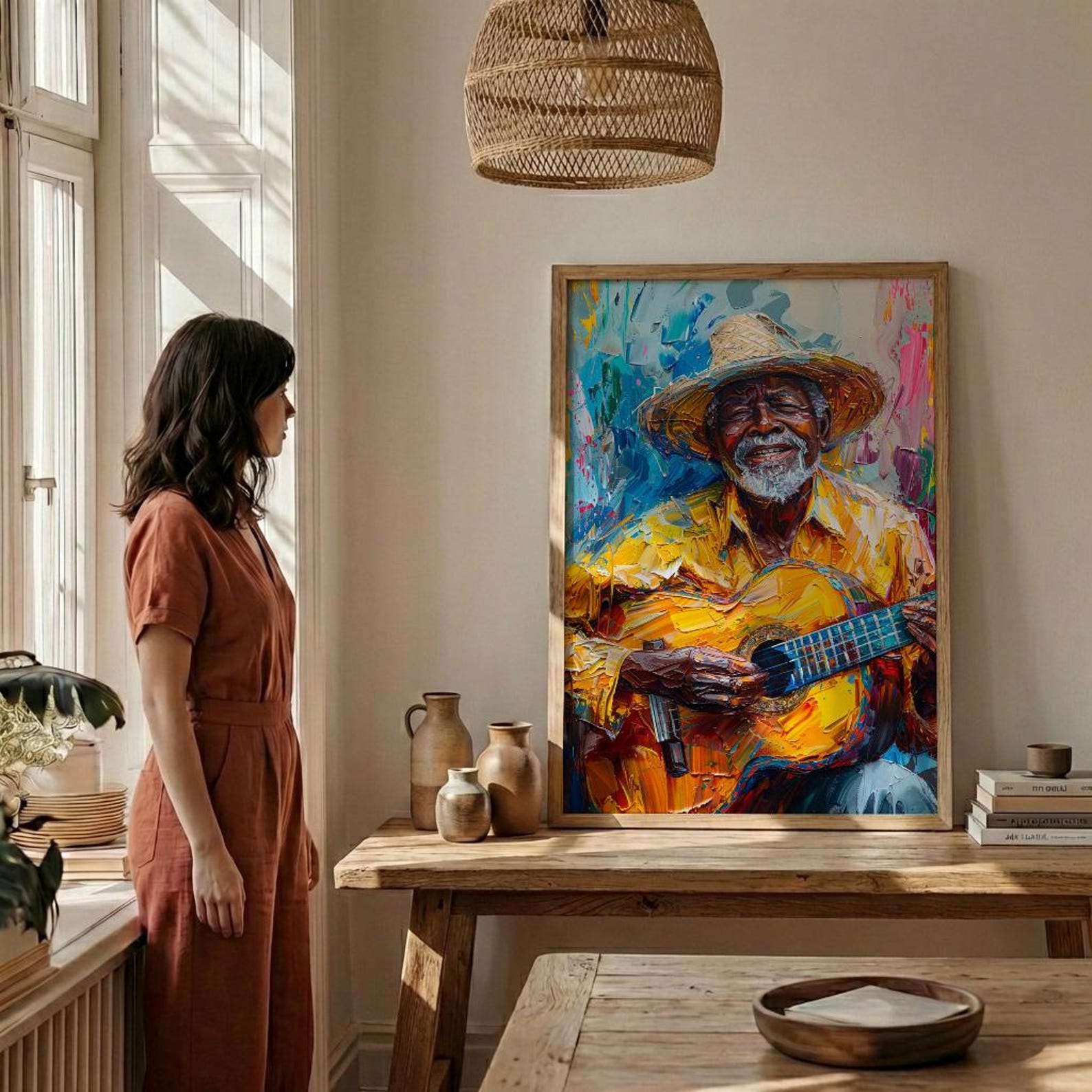 Plaza Guitar Musician Wall Art, Colonial Street Decor - Straw Hat Sun Drenched Summer — view 4