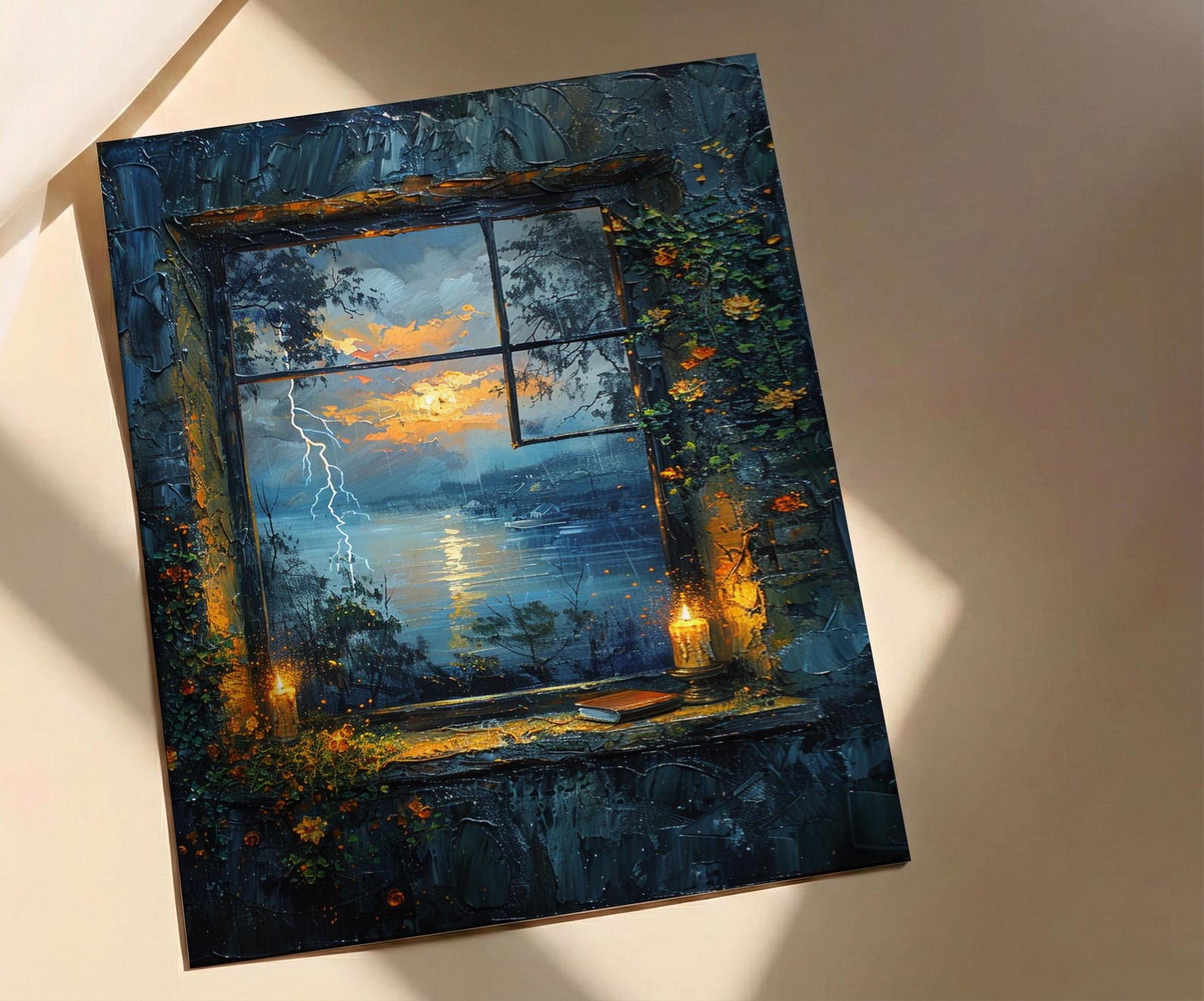 Gothic Art Print, Stormy Window Poster, Castle Wall Art, Burning Candles Decor, Dark Academia Romance Painting — view 2