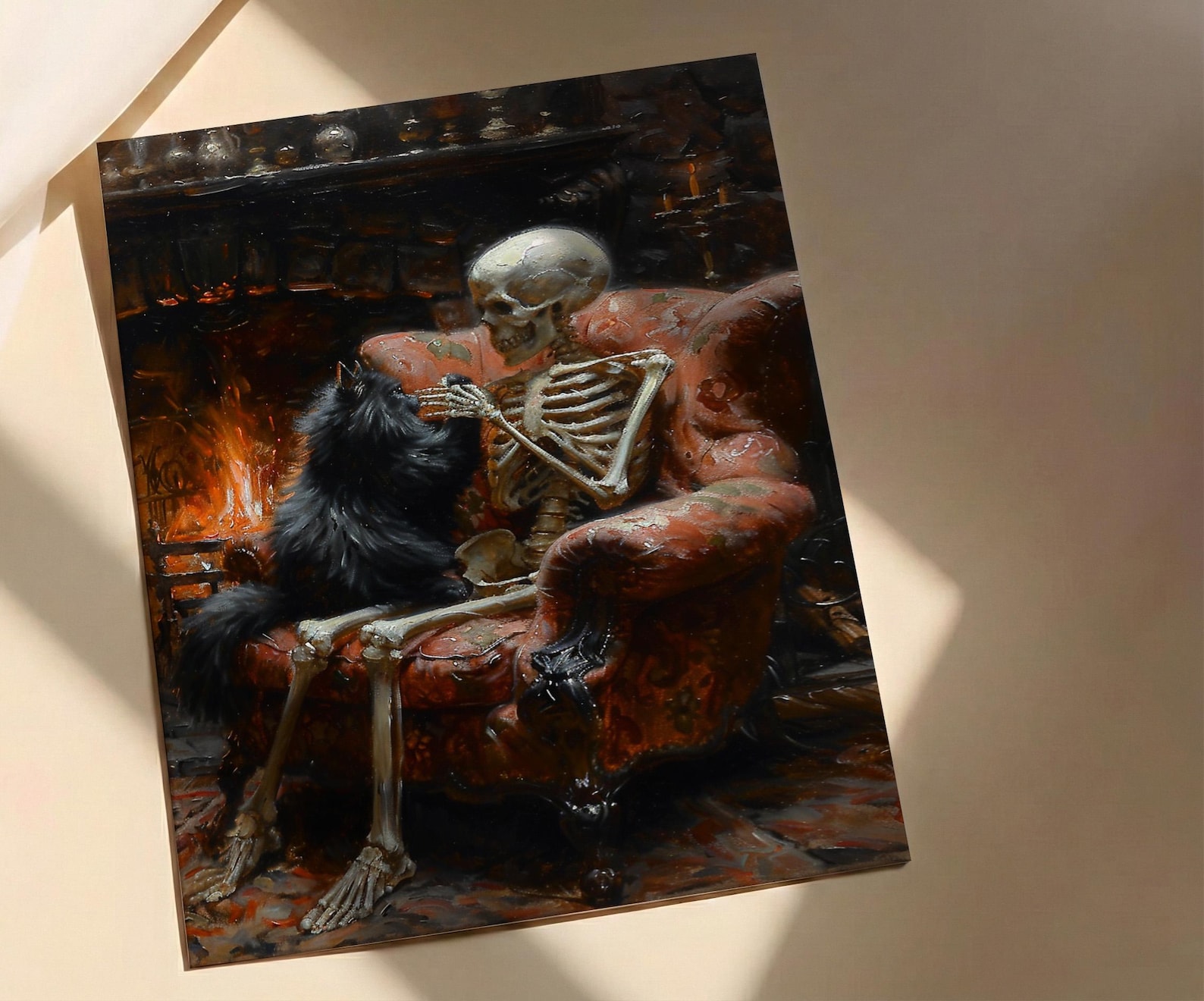 Skeleton with Cat Art, Black Cat Print, Cozy Gothic Decor, Impasto Oil Painting, Fireplace Scene, Cat Lover Gift, Whimsical Art — view 2