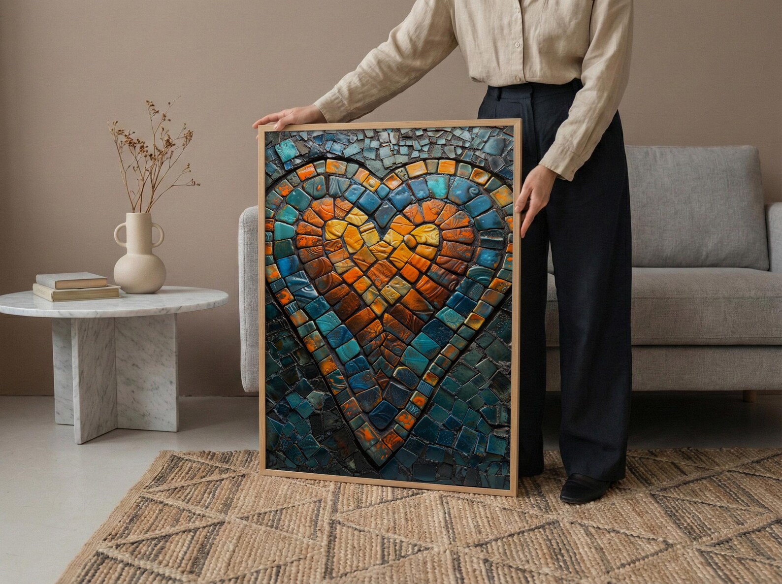 Mosaic Heart Print, Islamic Geometry Art, Moroccan Tile Decor, Impasto Oil Painting, Turquoise Blue, Boho Pattern, Housewarming Gift — view 3