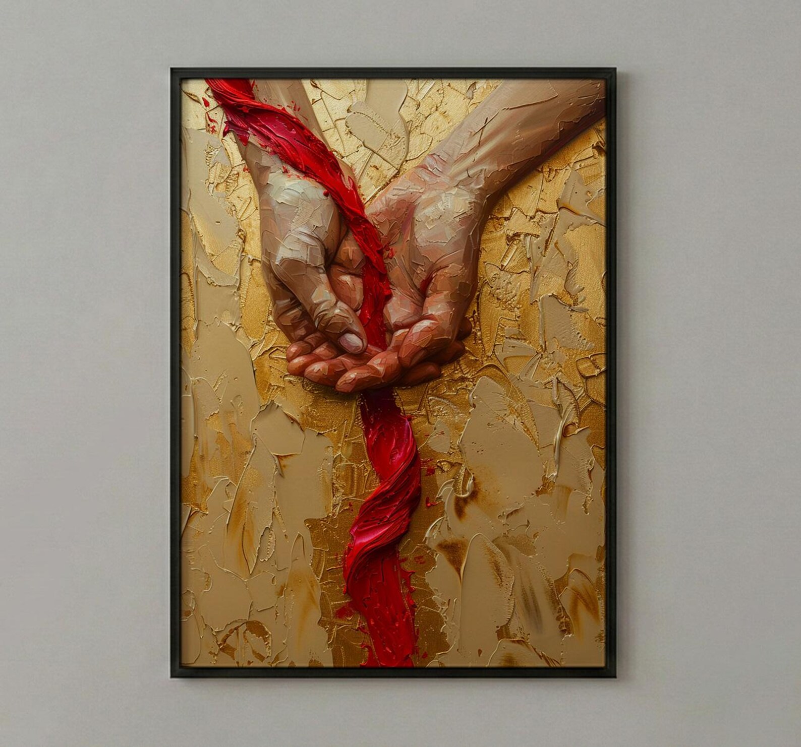 Red Thread of Fate, Soulmate Art, Japanese Legend, Impasto Oil Painting, Minimalist Love Gift, Destiny Print, Hand Gesture — view 2