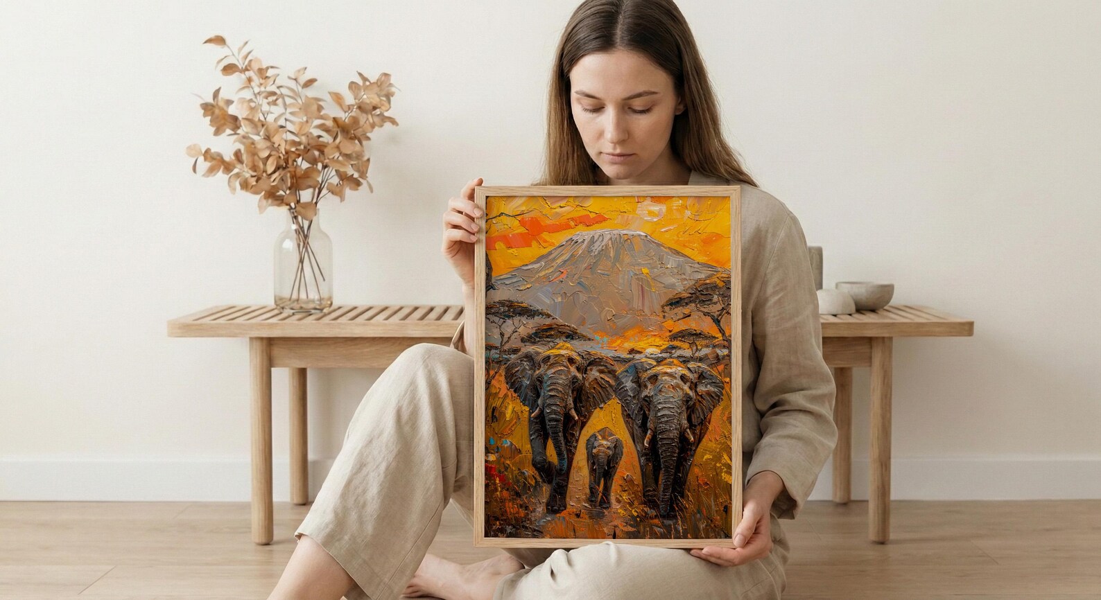African Elephant Oil Painting Poster, Safari Nursery Wall Art, Impasto Art Print, Kilimanjaro Sunset, Textured Look Wildlife Decor — view 6