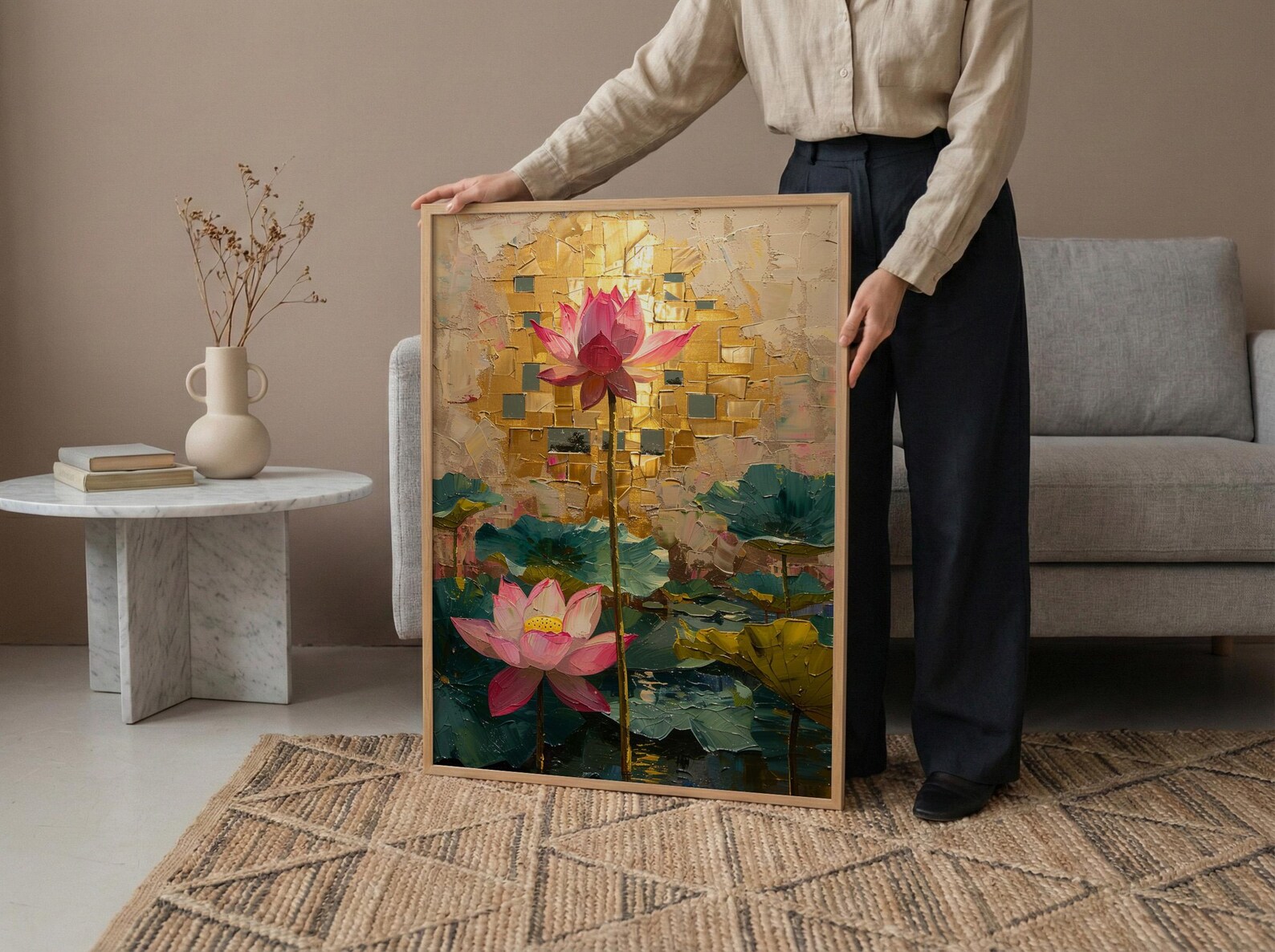 Thailand Wall Art, Golden Temple Print, Mosaic Decor, Impasto Oil Painting, Pink Lotus, Buddhist Art, Spiritual — view 5