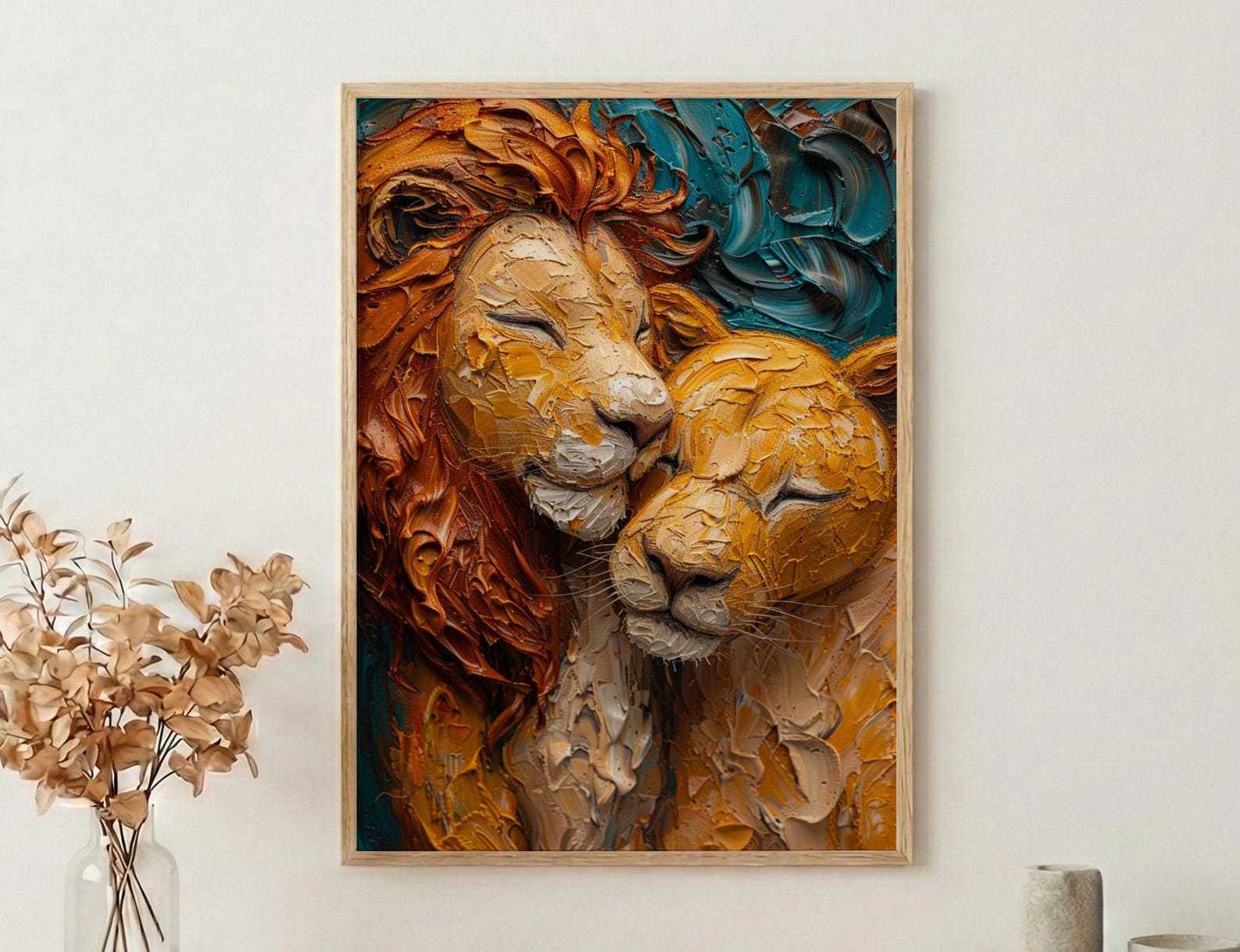 Lion Couple Art, Wildlife Wall Decor, Safari Animal Print, Impasto Oil Painting, King and Queen, New Mom Gift, Golden Manes