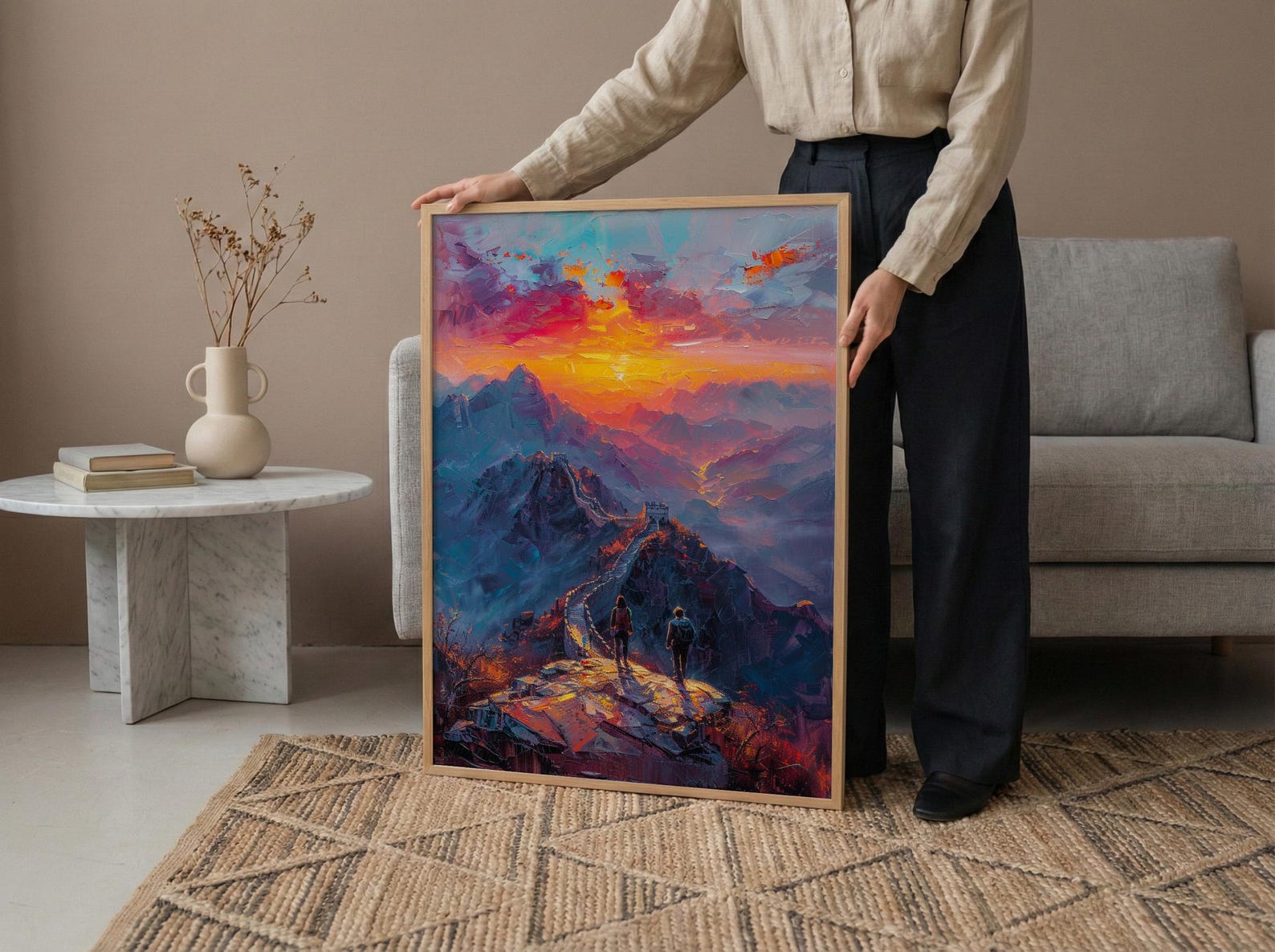 China Art Print, Great Wall Poster, Ancient Sunrise Wall Art, Couple Hiking Painting, Asian History Decor — view 5