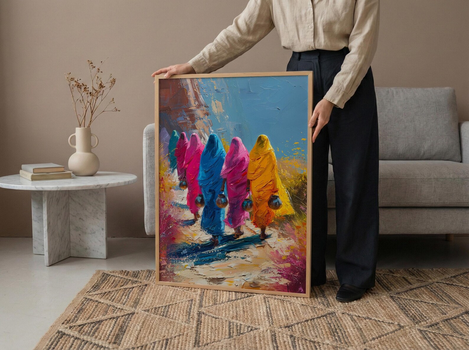 Rajasthan Desert Art, Pink Sari Decor - Indian Summer Print — view 5