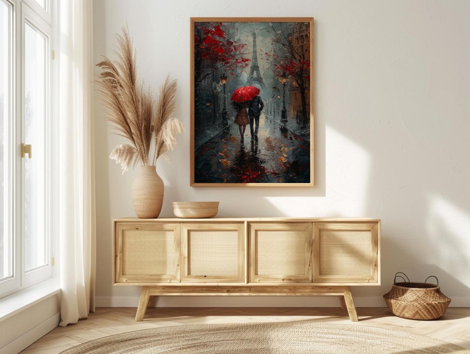 Paris Wall Art, Eiffel Tower Print, Romantic Couple Gift, Impasto Oil Painting, Rainy Paris Street, Wedding Gift, Red Umbrella — view 6