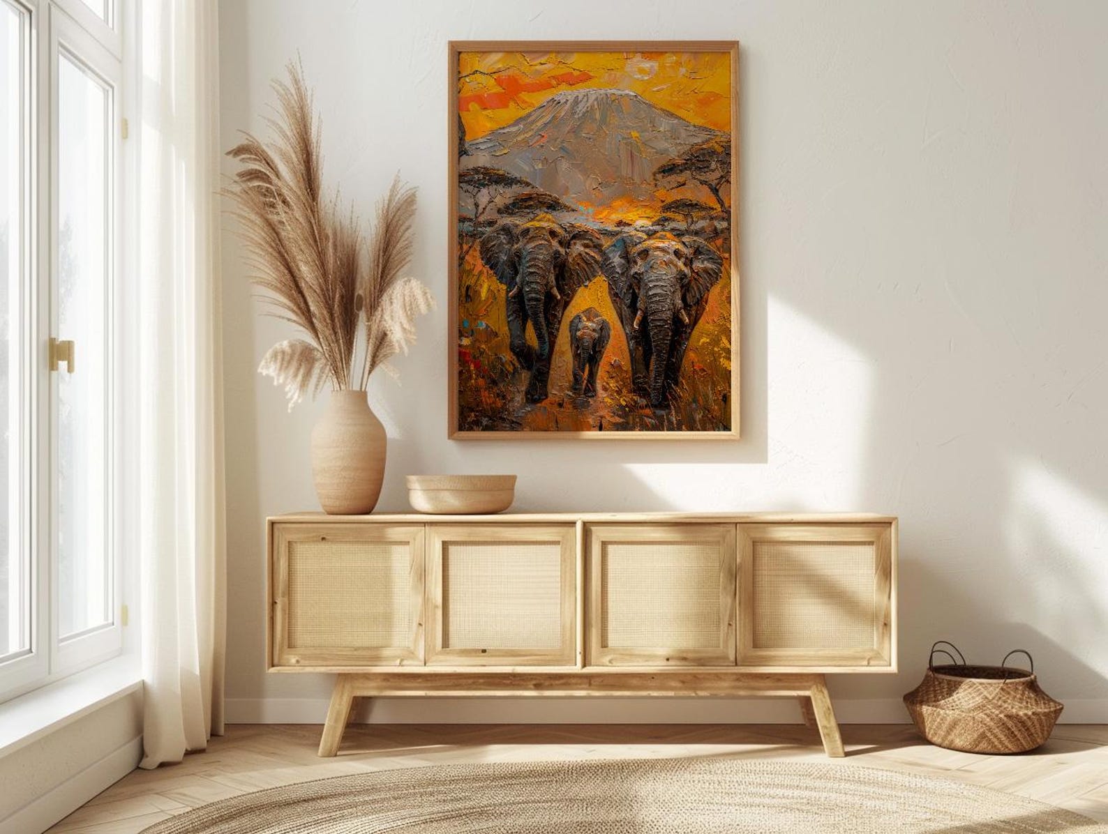 African Elephant Oil Painting Poster, Safari Nursery Wall Art, Impasto Art Print, Kilimanjaro Sunset, Textured Look Wildlife Decor — view 2